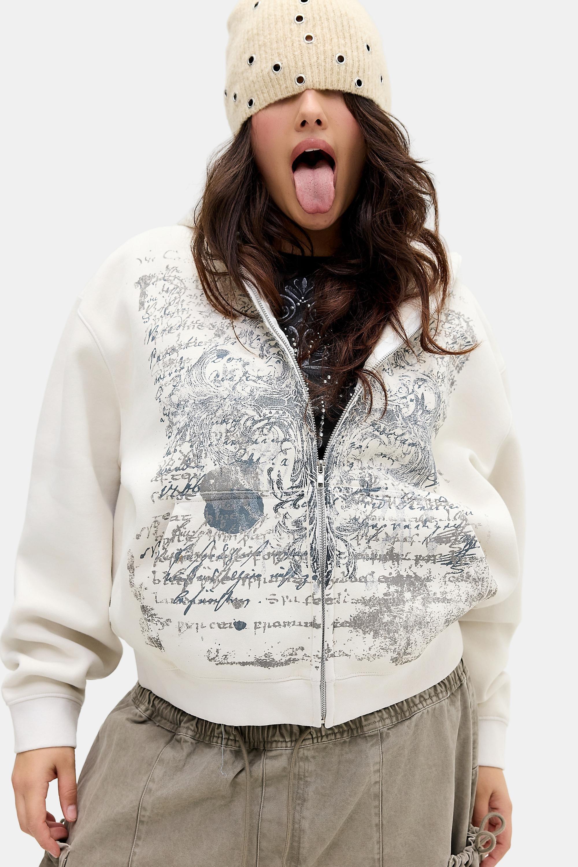 White Uo Grunge Script Zip-Through Hoodie, WHT, large image number 4