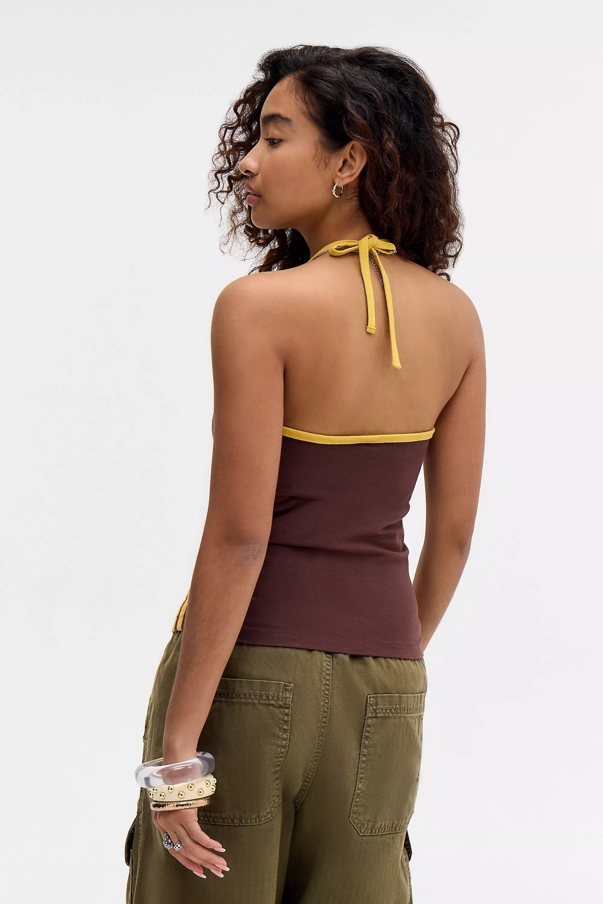 Brown Uo Chocolate 98 Tie Neck Halter Top, CHOC, large image number 4