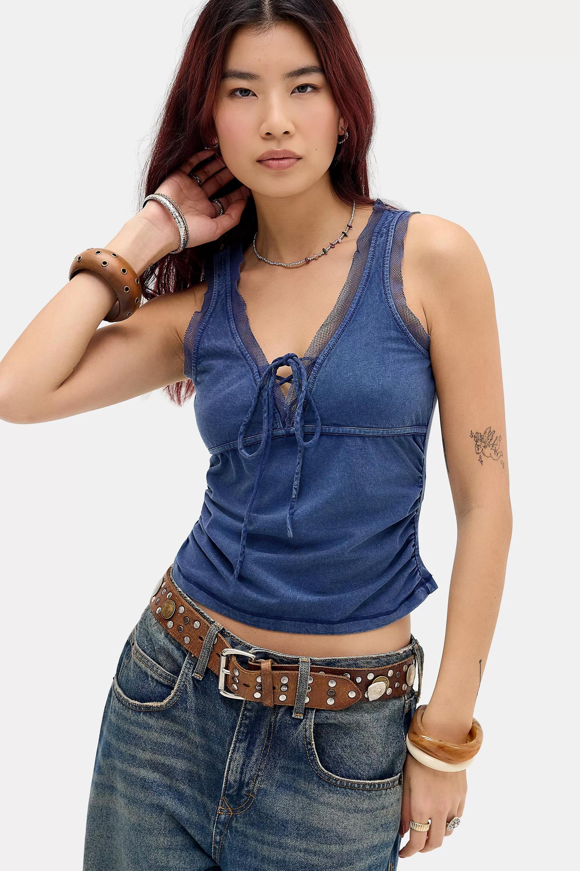 Navy Kimchi Blue Denise Ruched Tank Top, NAVY, medium