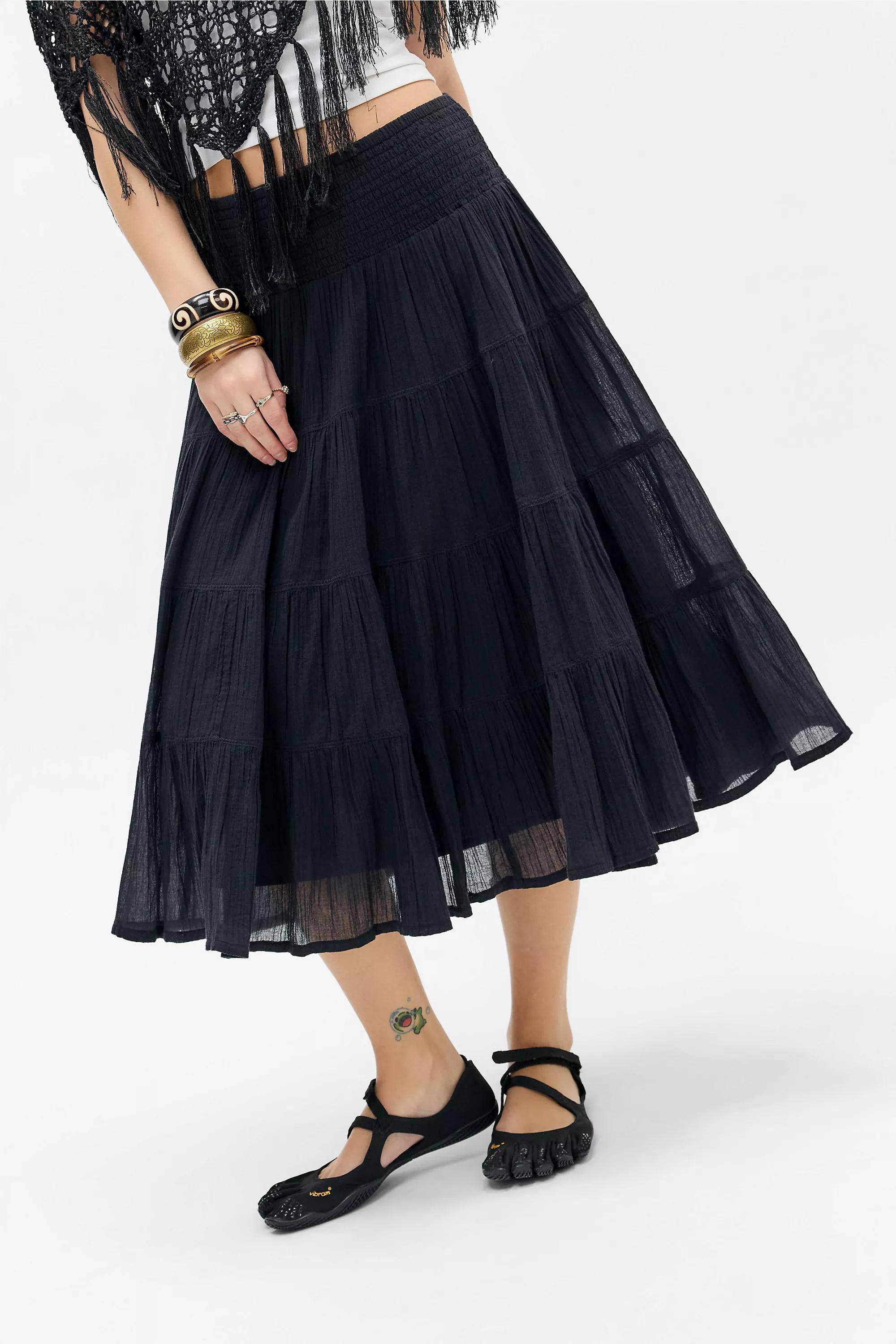 BLACK Kimchi Blue Bea Voile Tiered Midi Skirt, BLK, large image number 0