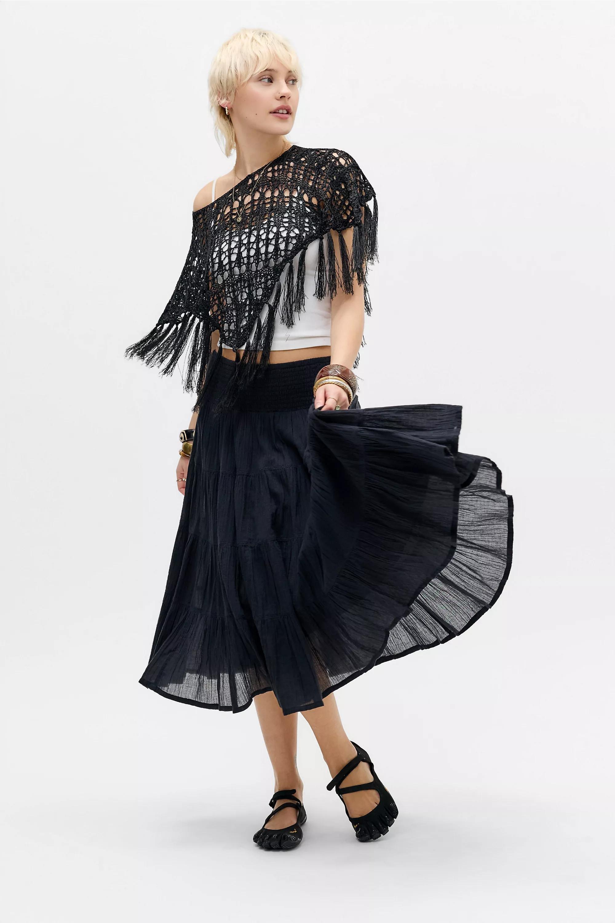 BLACK Kimchi Blue Bea Voile Tiered Midi Skirt, BLK, medium