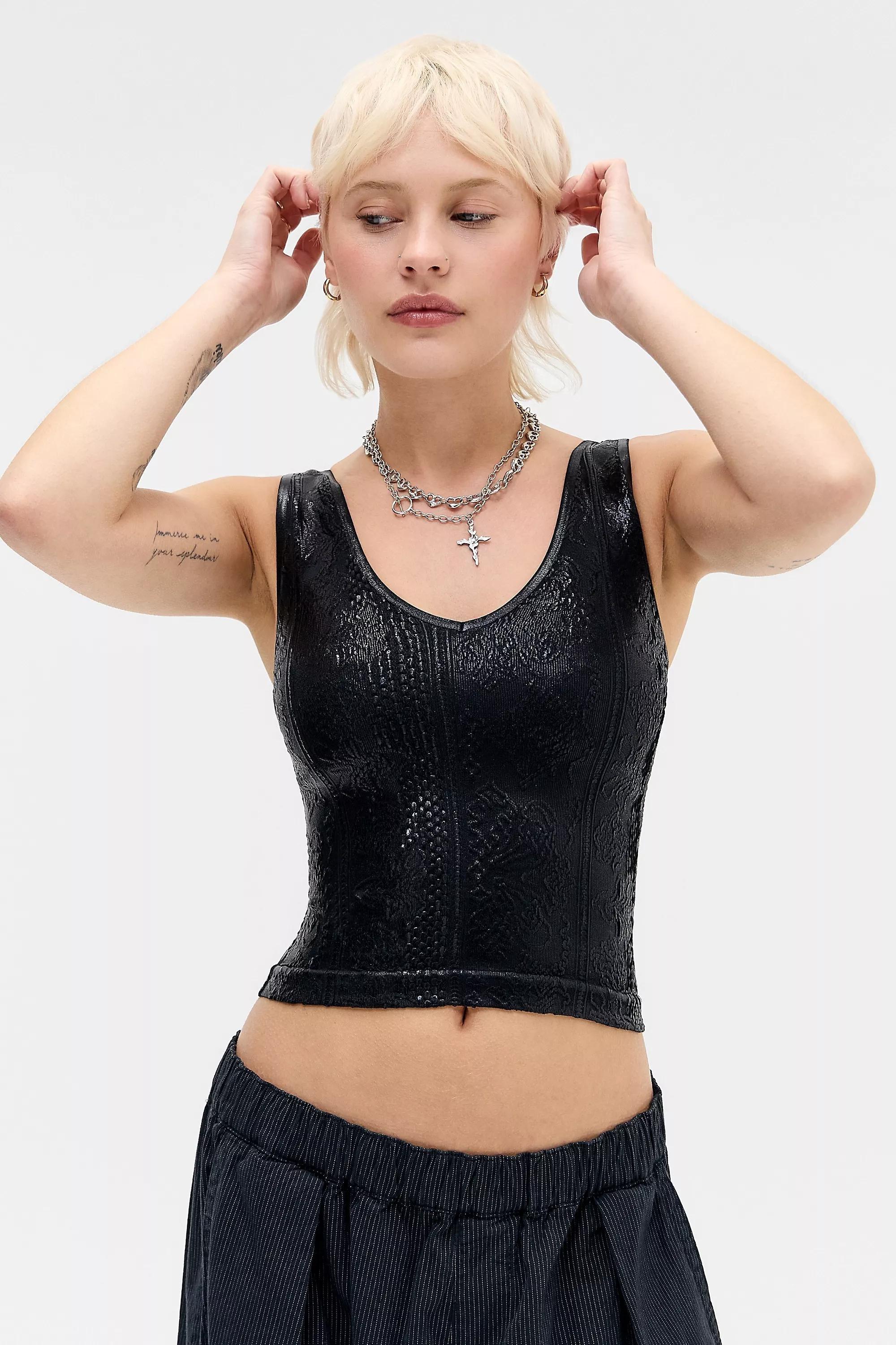 Black Out From Under V-Neck Tapestry Seamless Tank Top, BLK, medium