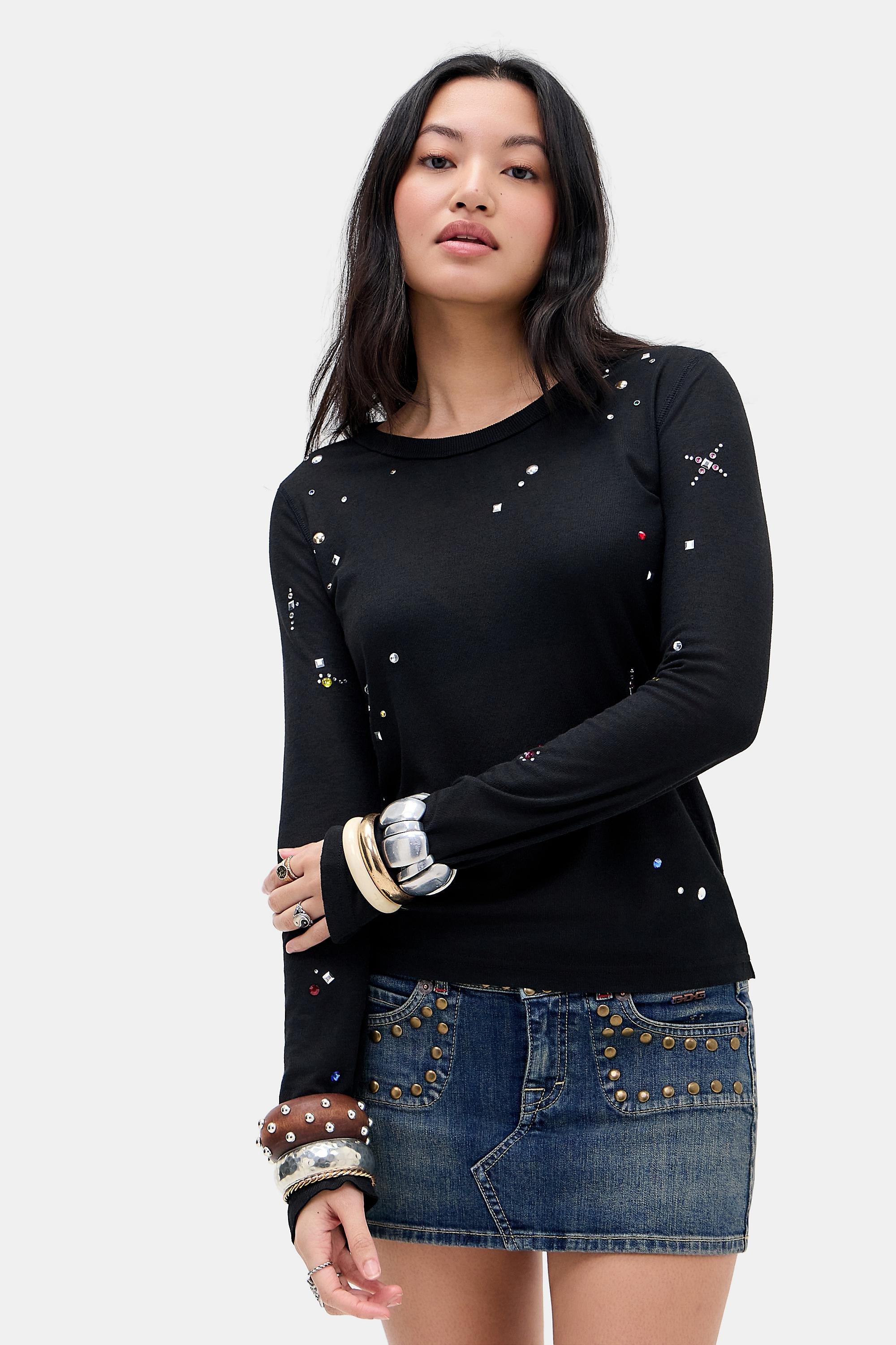 Black Jaded London Studded Mist Long Sleeve T-Shirt, BLK, medium