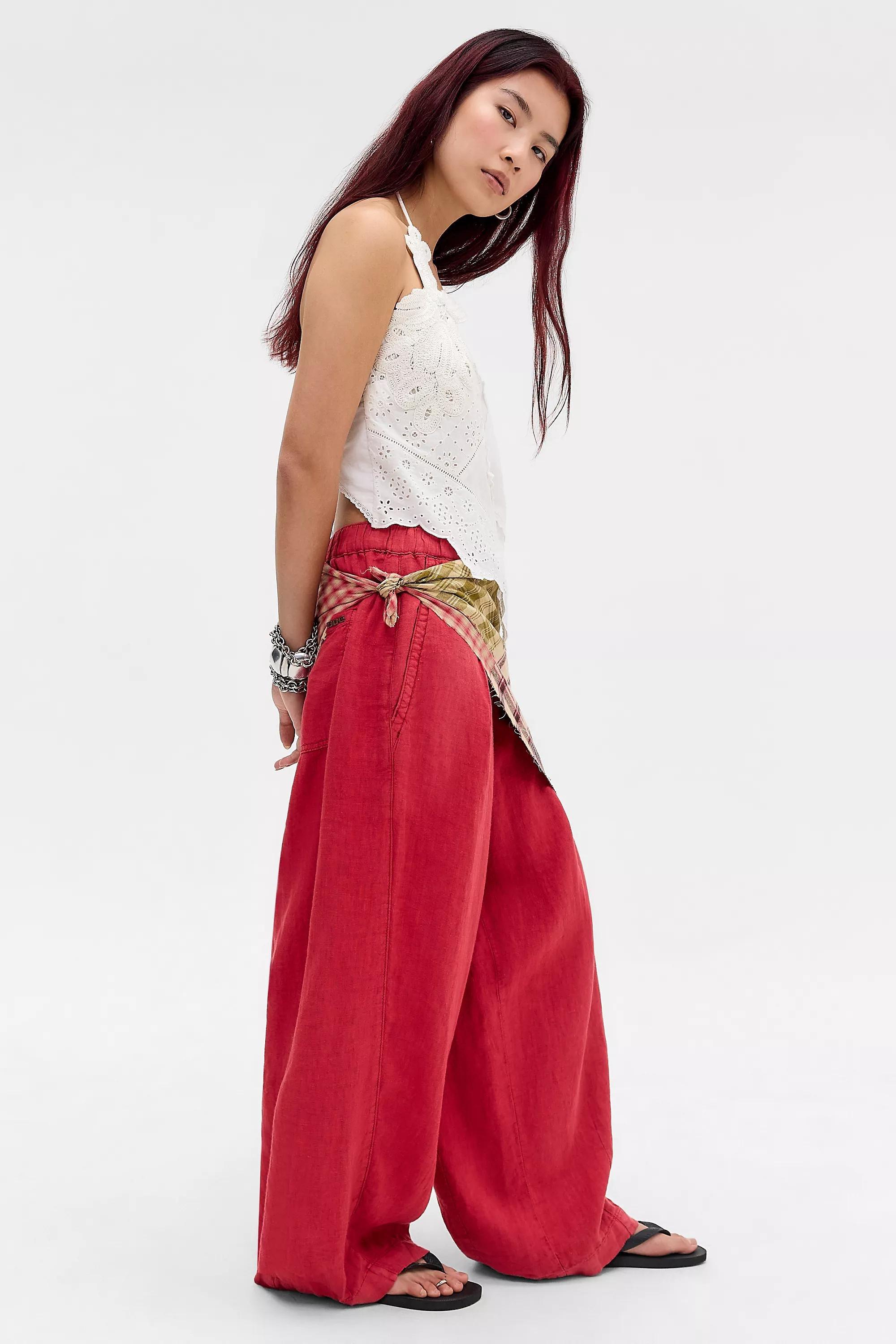 Red Bdg Bobbi Baggy Linen Cocoon Trousers, RED, medium