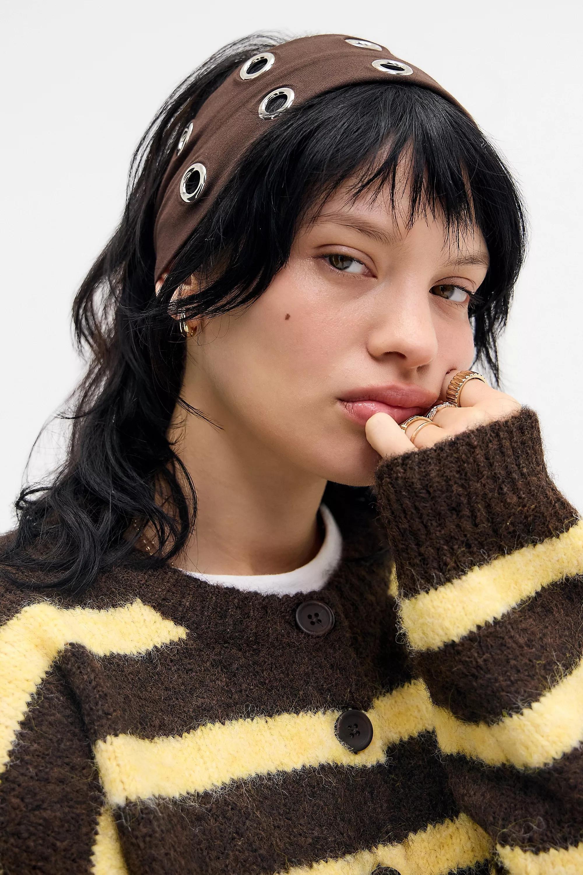 Brown Uo Eyelet Headband, CHOC, medium