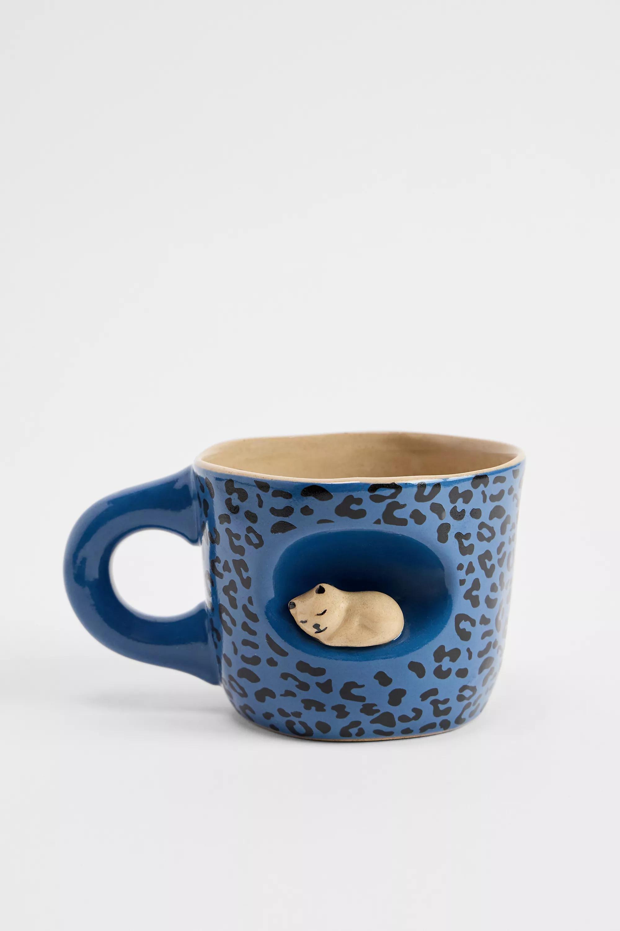 Blue Sleeping Cat Leopard Print Mug, BLUE, large image number 0