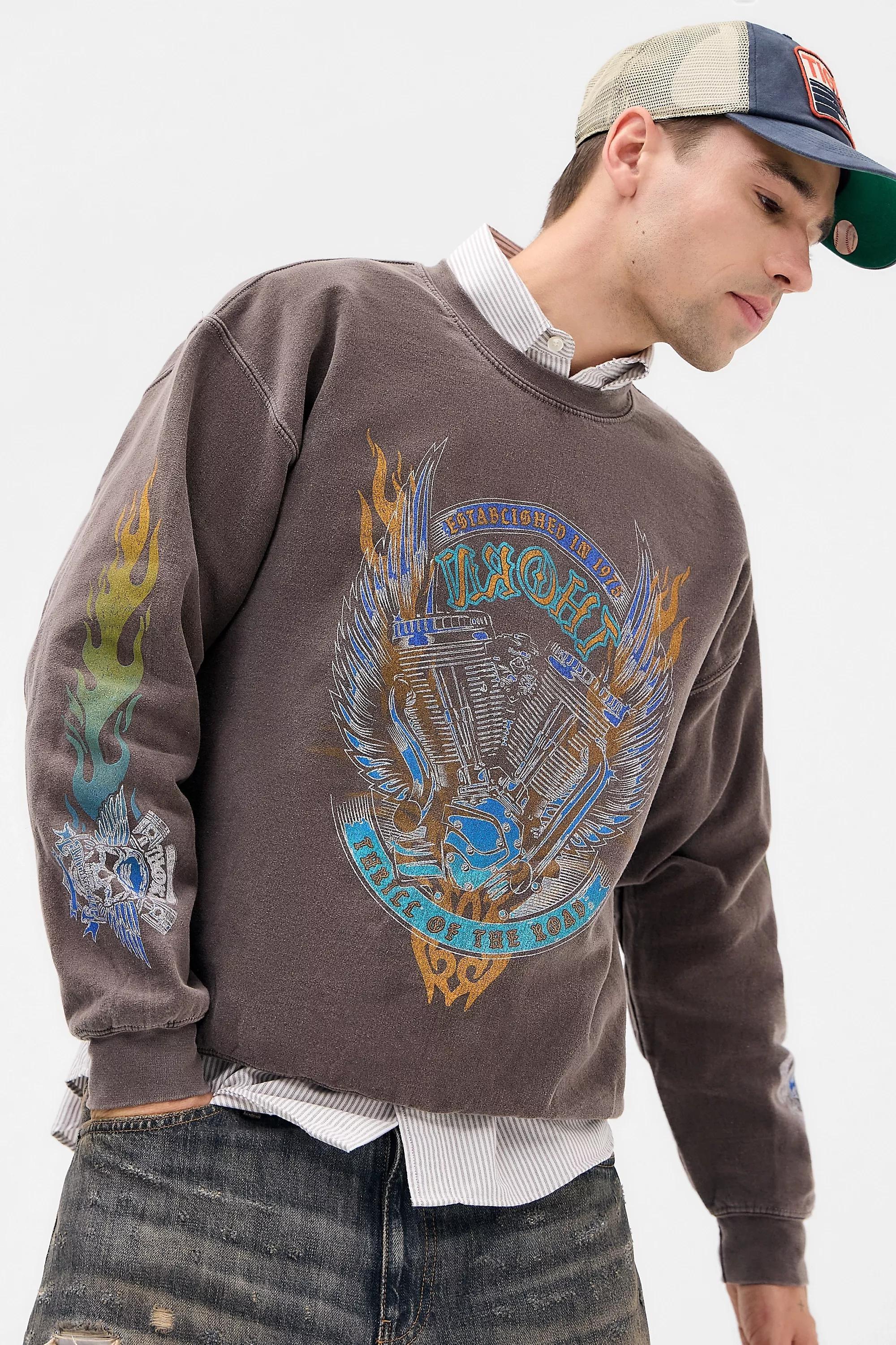 BROWN UO Brown Grunge Flame Sweatshirt, BRN, large image number 0