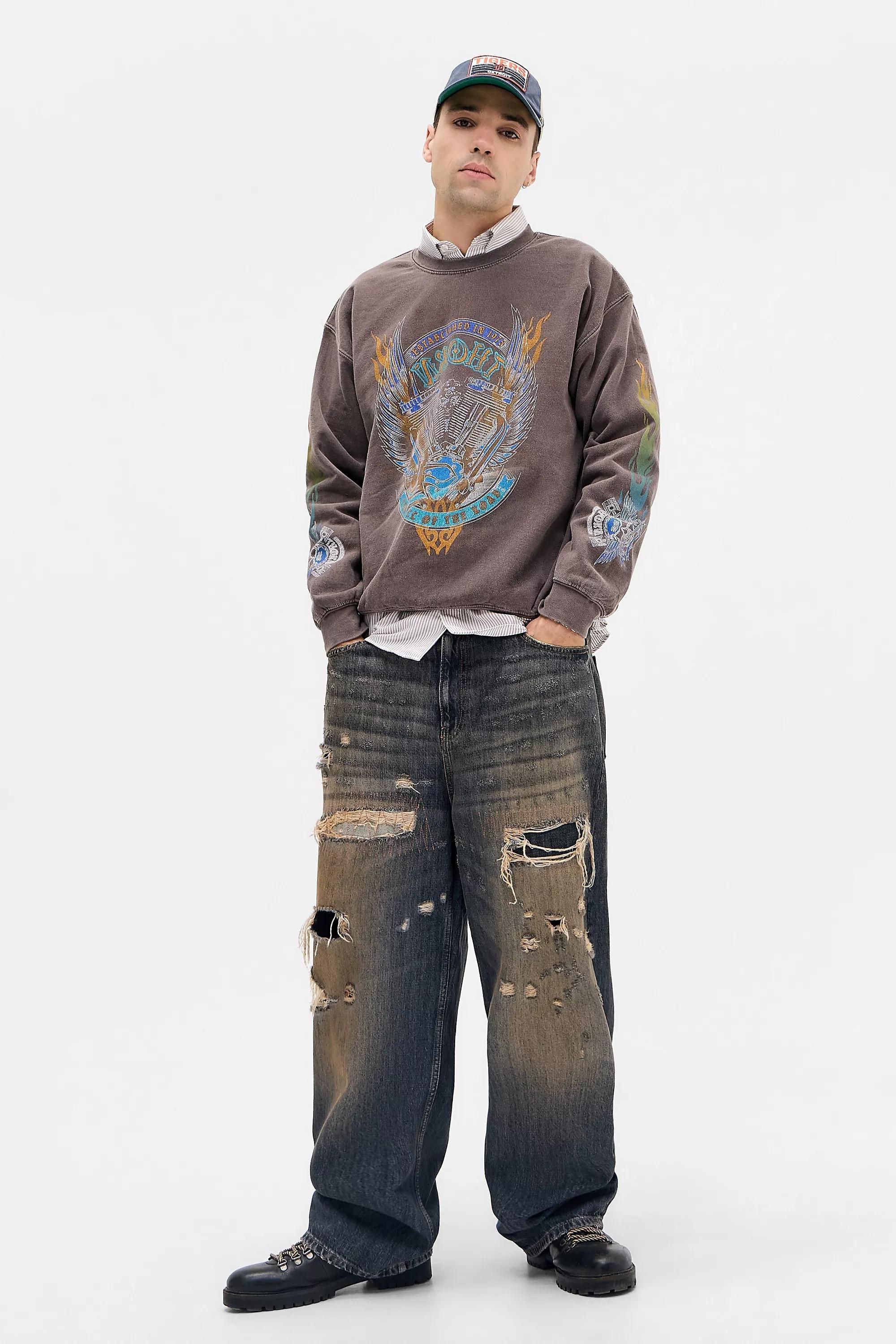 BROWN UO Brown Grunge Flame Sweatshirt, BRN, large image number 1