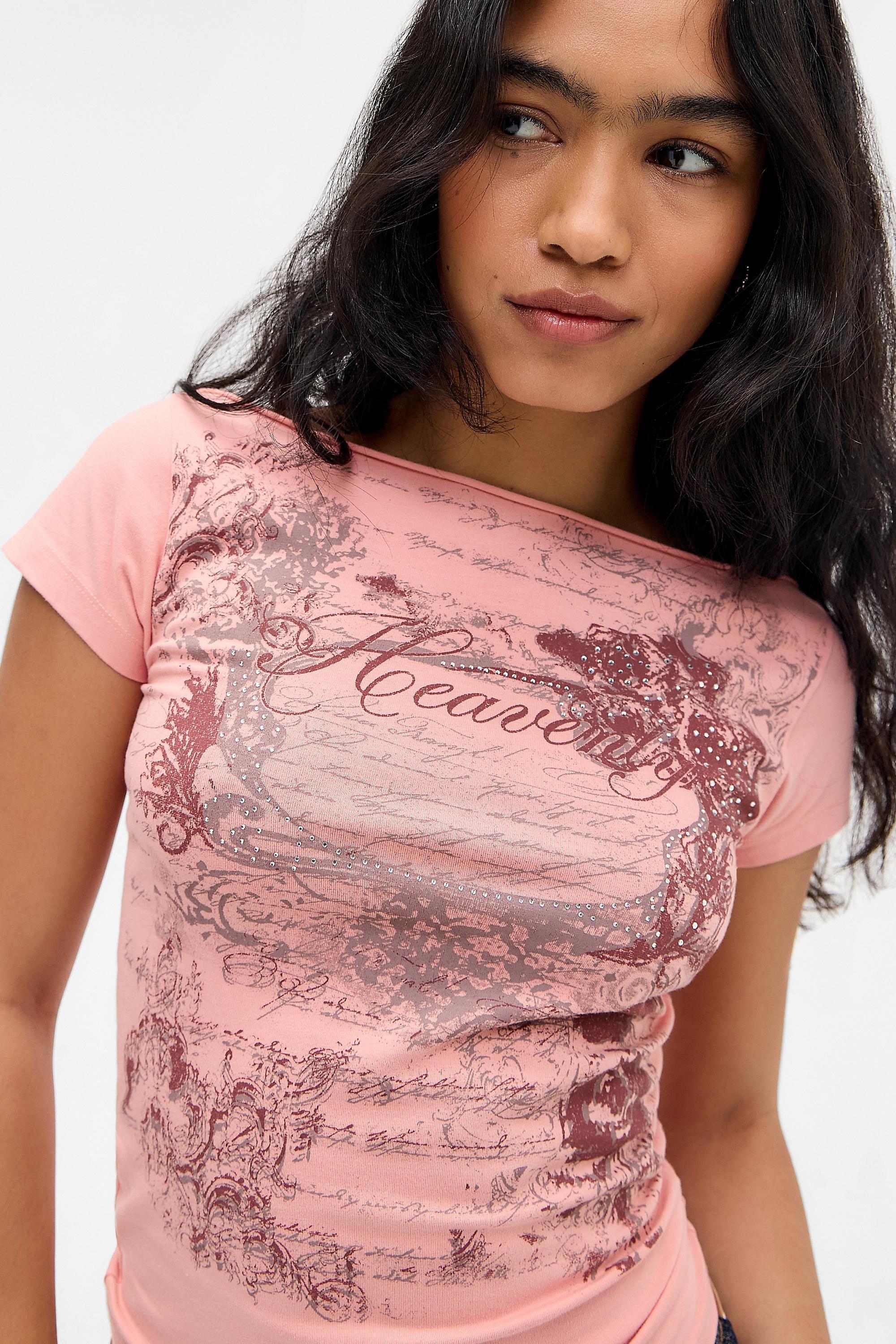 Pink UO Heavenly Hotfix Slash Neck T-Shirt, PINK, large image number 0