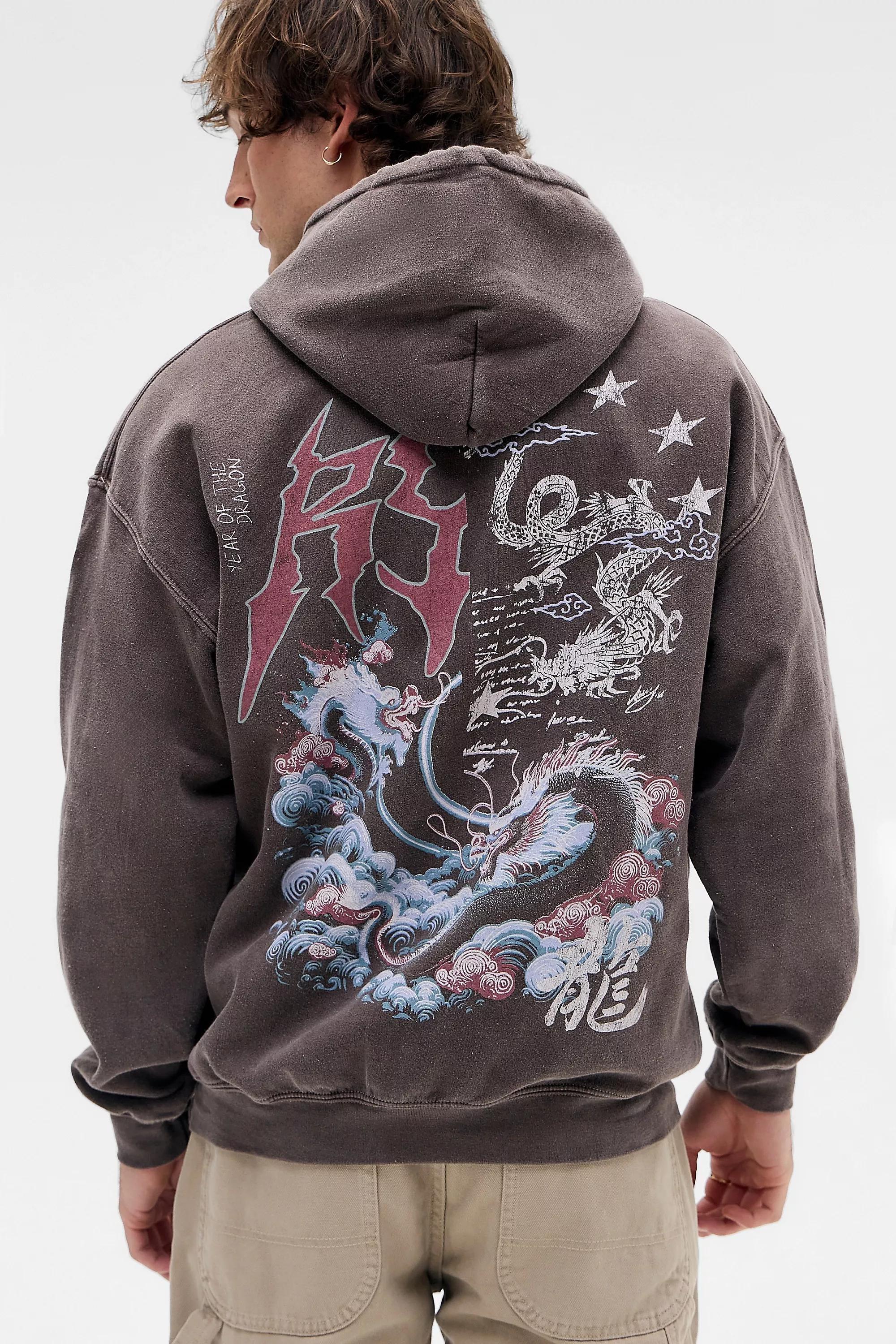 BROWN UO Brown Asiatic Dragon Hoodie, BRN, medium