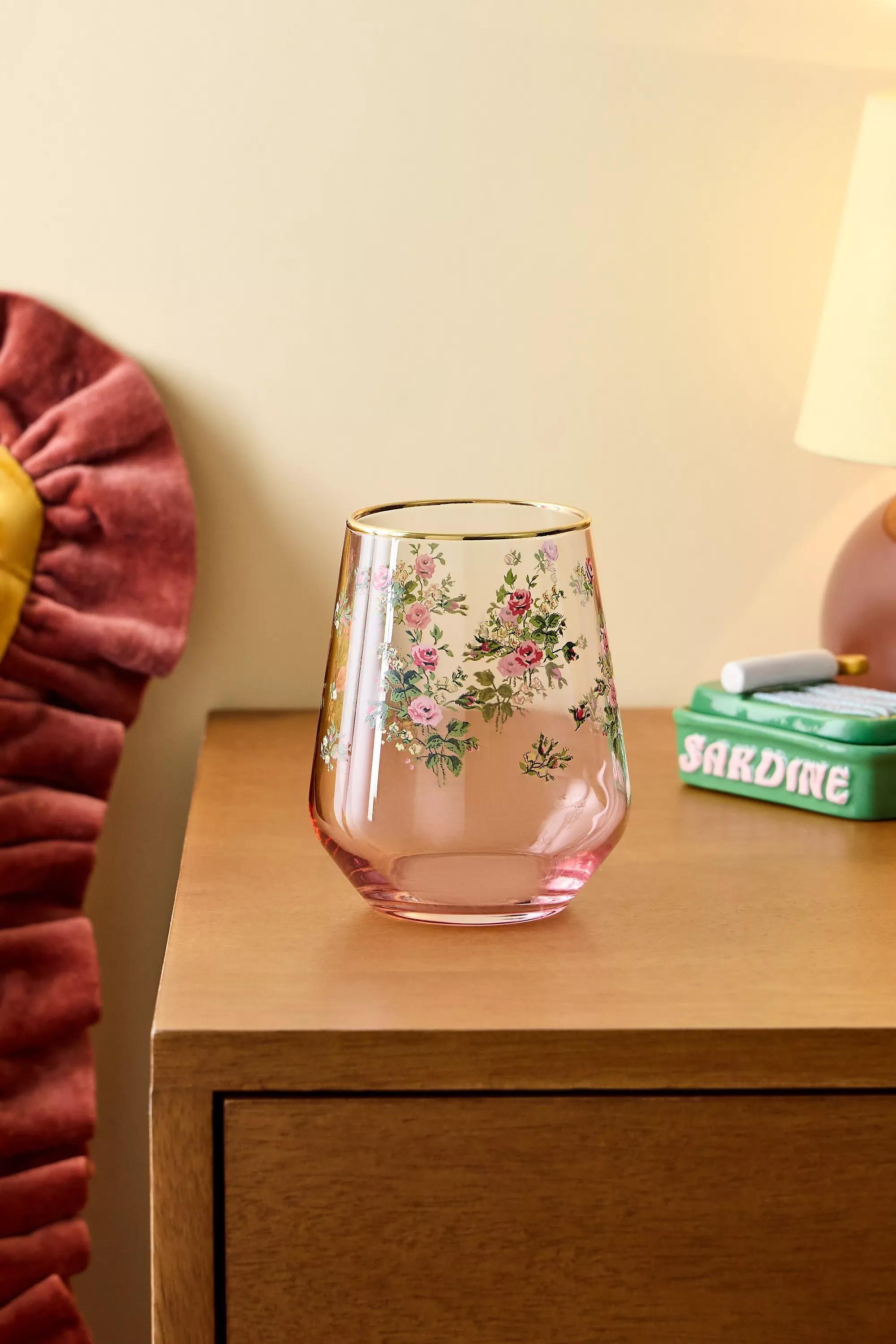 Red Lorna Floral Stemless Wine Glass, ROSE, medium