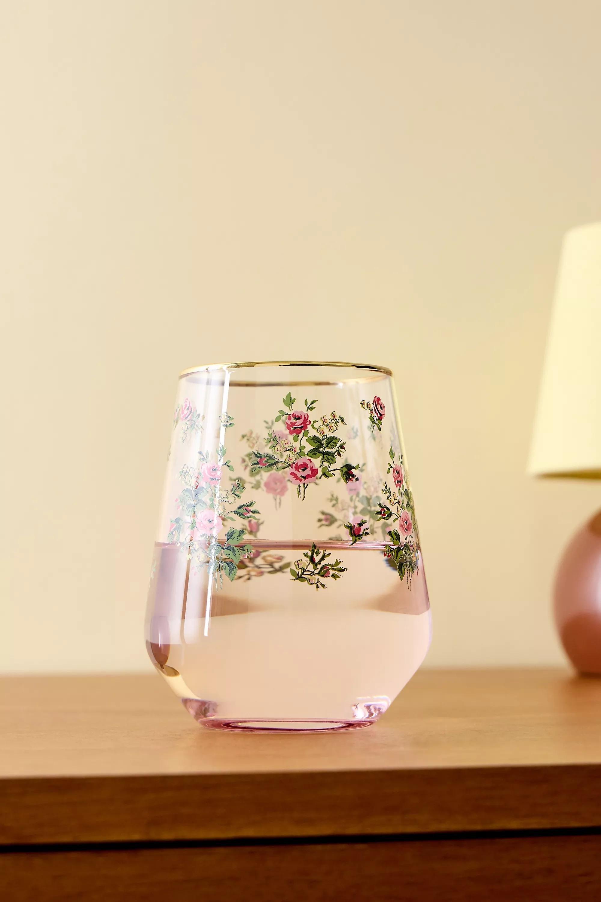 Red Lorna Floral Stemless Wine Glass, ROSE, large image number 1