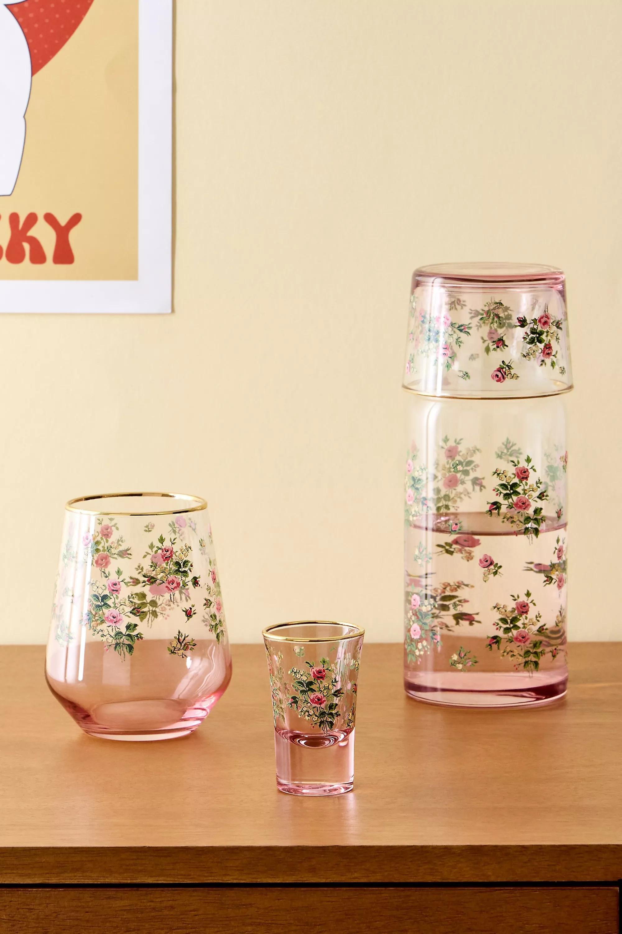 Red Lorna Floral Stemless Wine Glass, ROSE, large image number 2