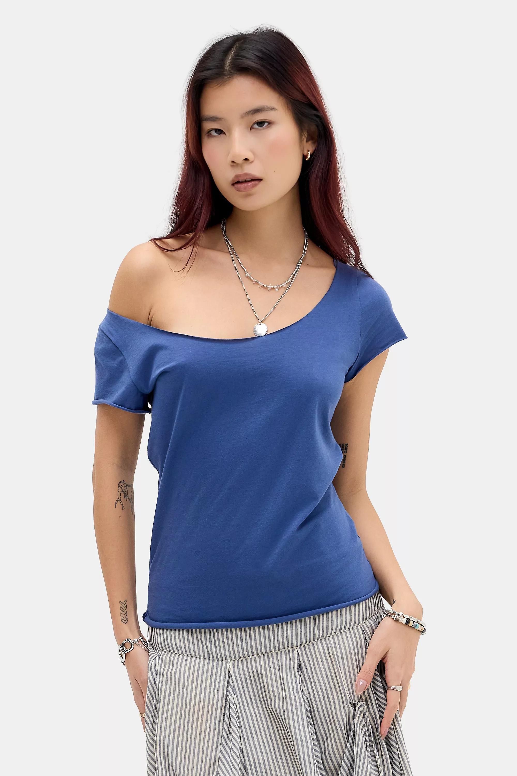Blue Bdg Wide Neck T-Shirt, BLUE, medium