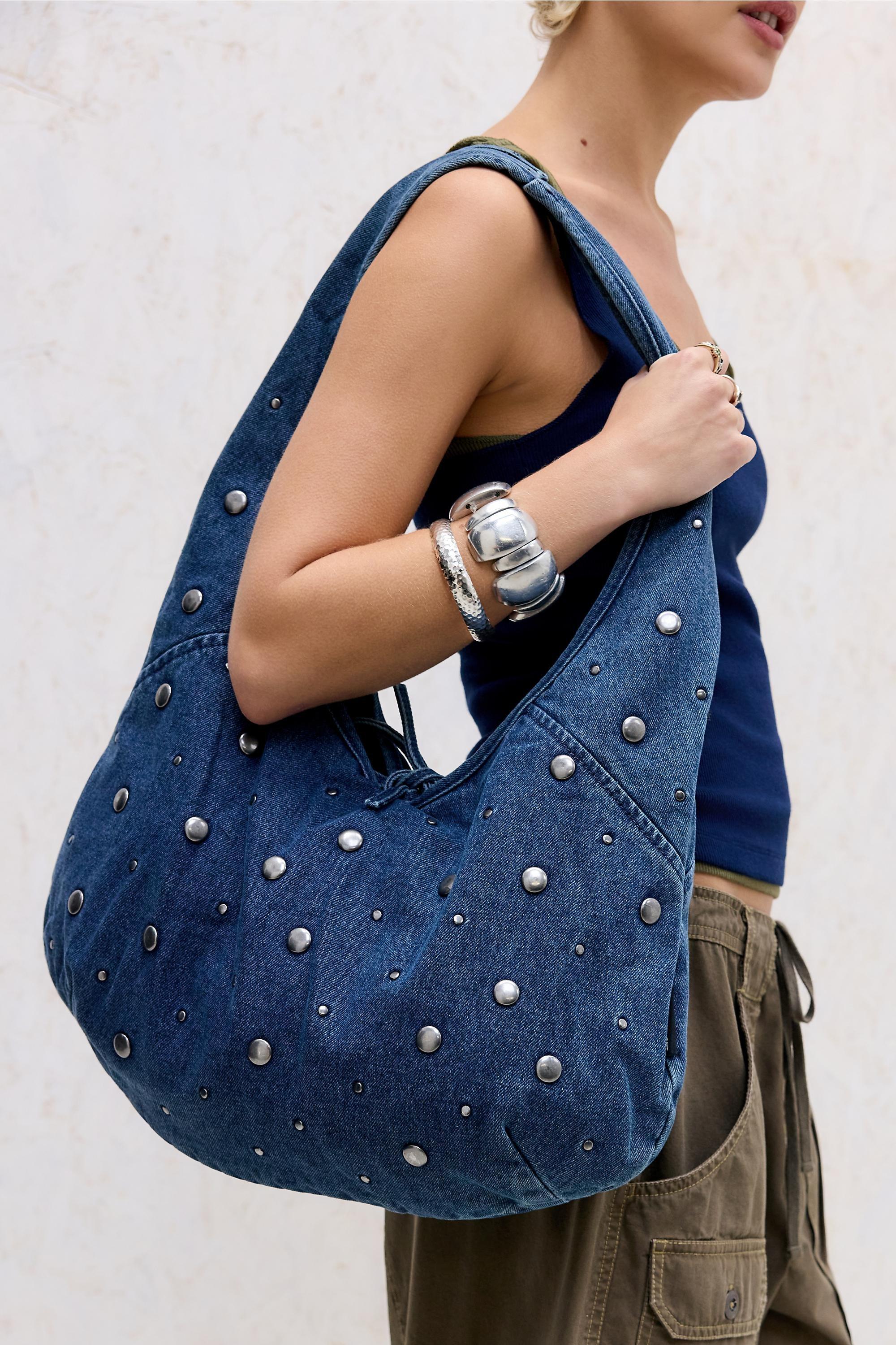 Blue Uo Flo Studded Denim Tote Bag, DENIM L, large image number 0