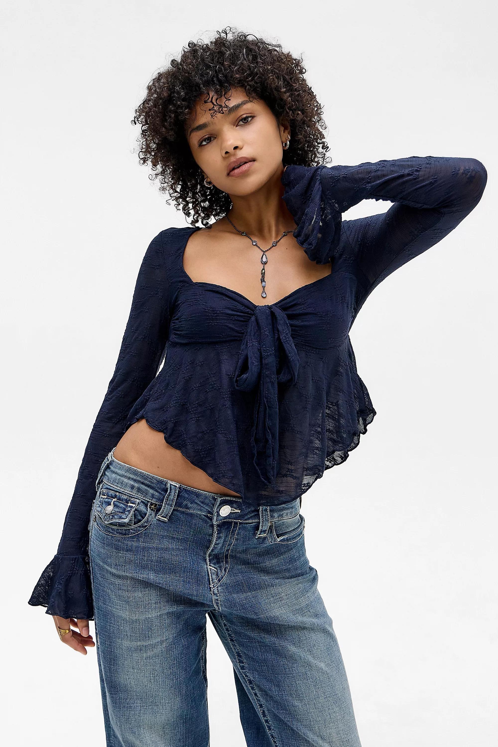 Navy Kiss The Sky Lace Long Sleeve Top, NAVY, large image number 0