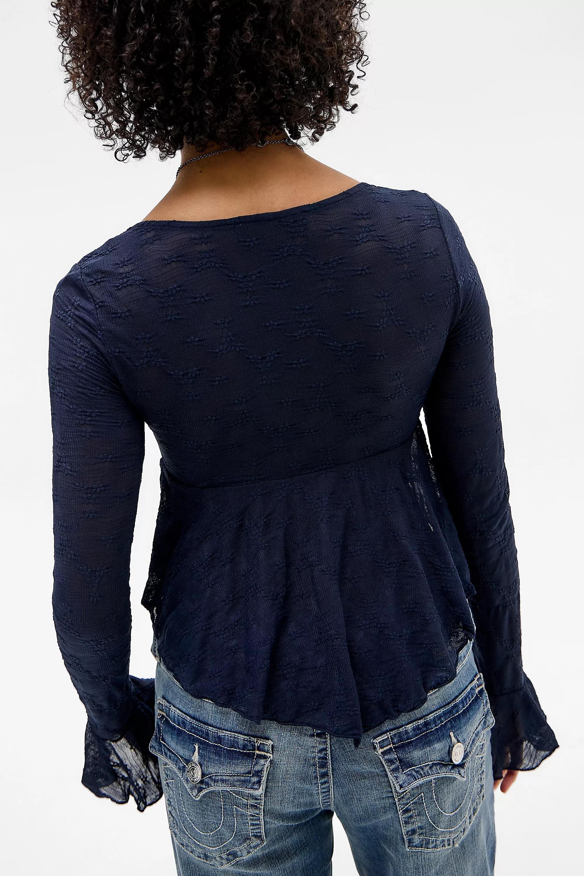 Navy Kiss The Sky Lace Long Sleeve Top, NAVY, large image number 3