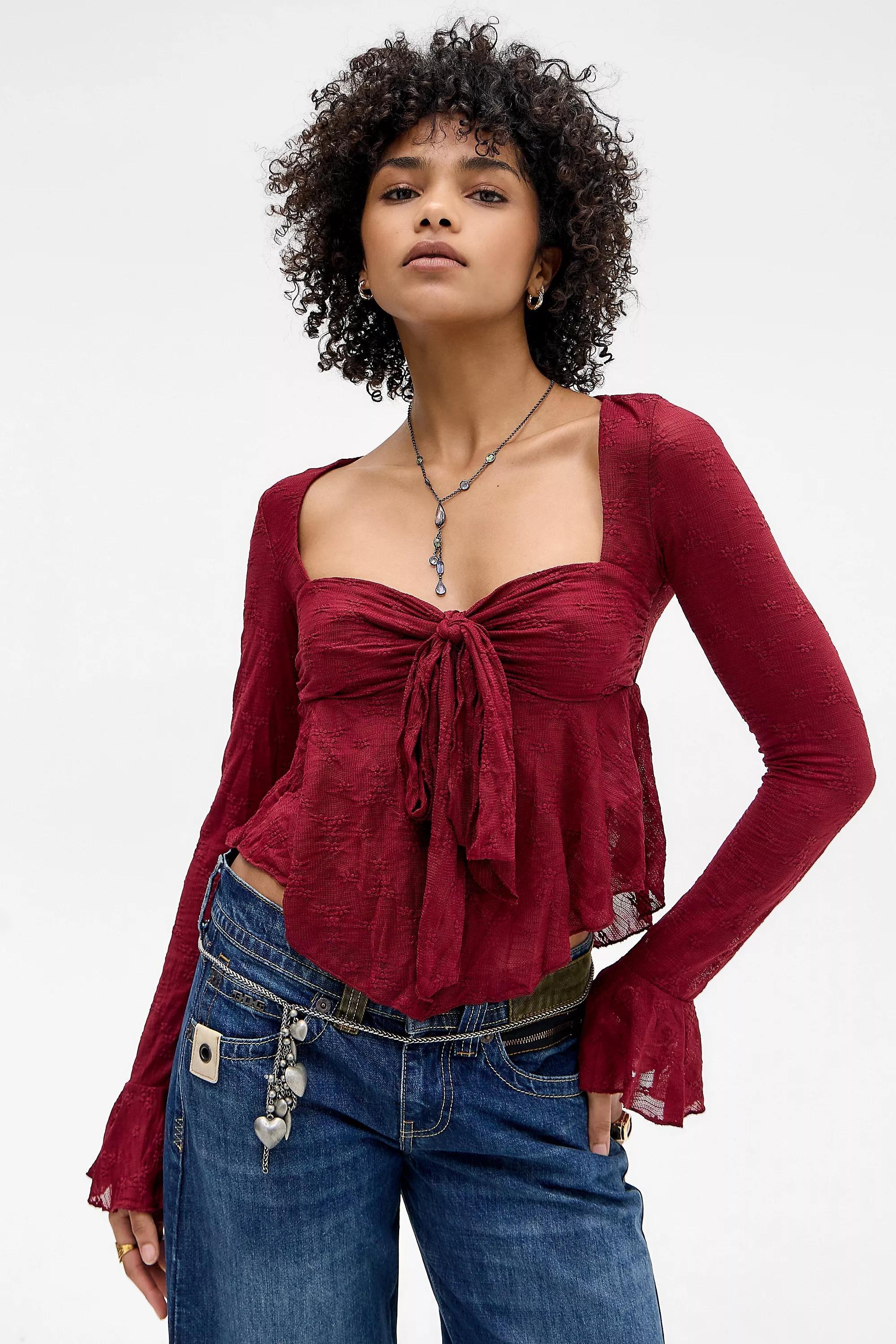 Red Kiss The Sky Lace Long Sleeve Top, WINE, large image number 0