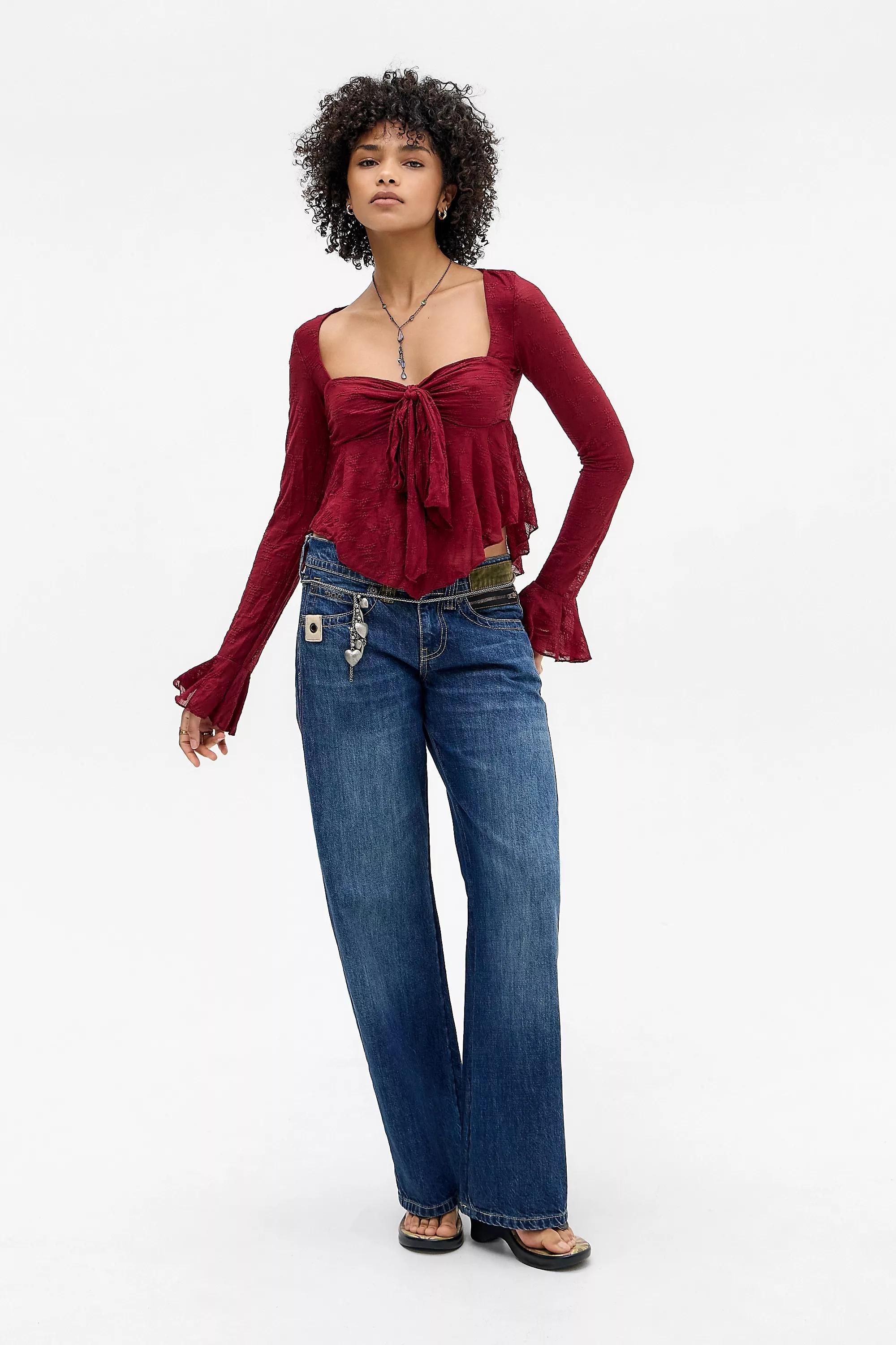 Red Kiss The Sky Lace Long Sleeve Top, WINE, large image number 2