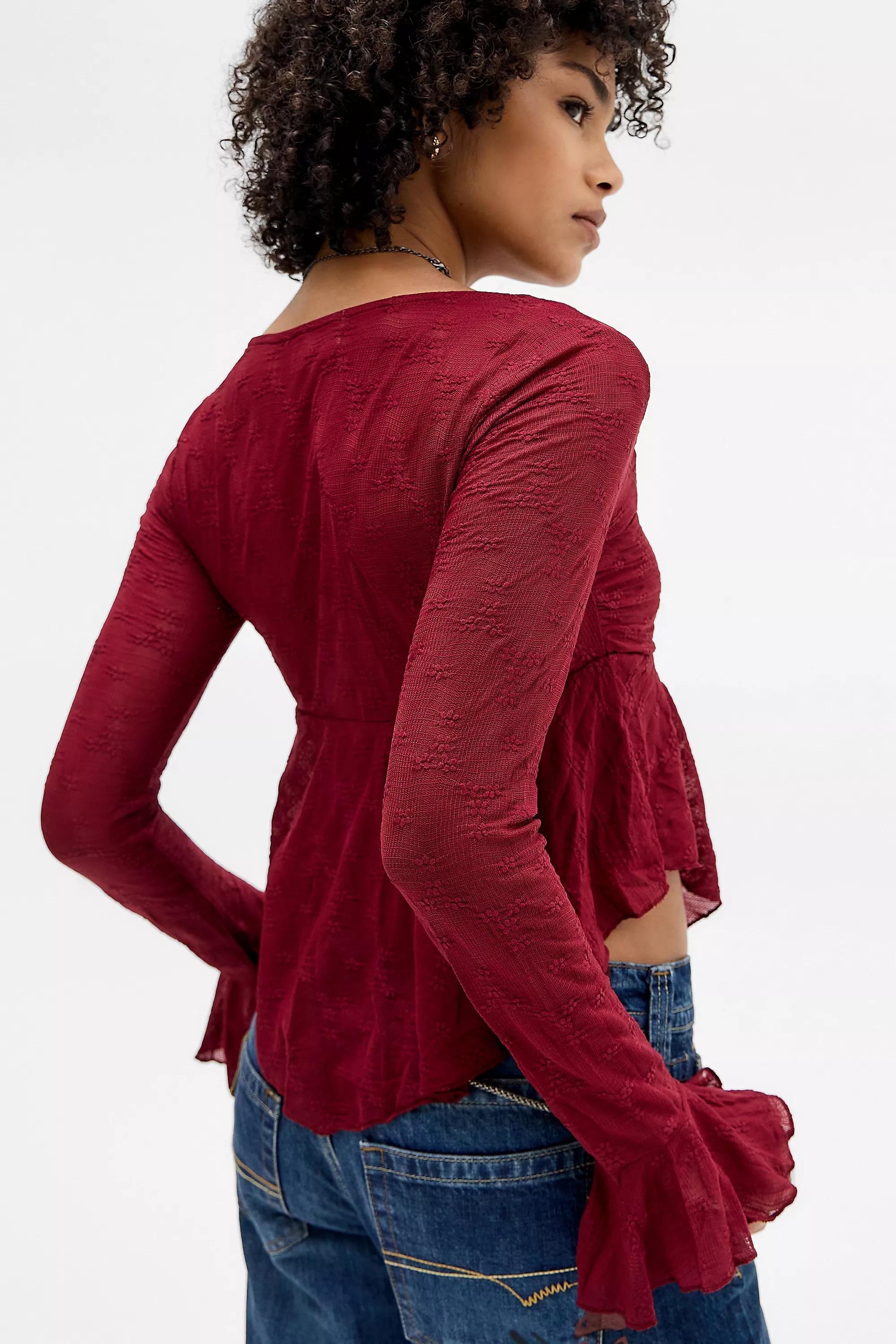 Red Kiss The Sky Lace Long Sleeve Top, WINE, large image number 3