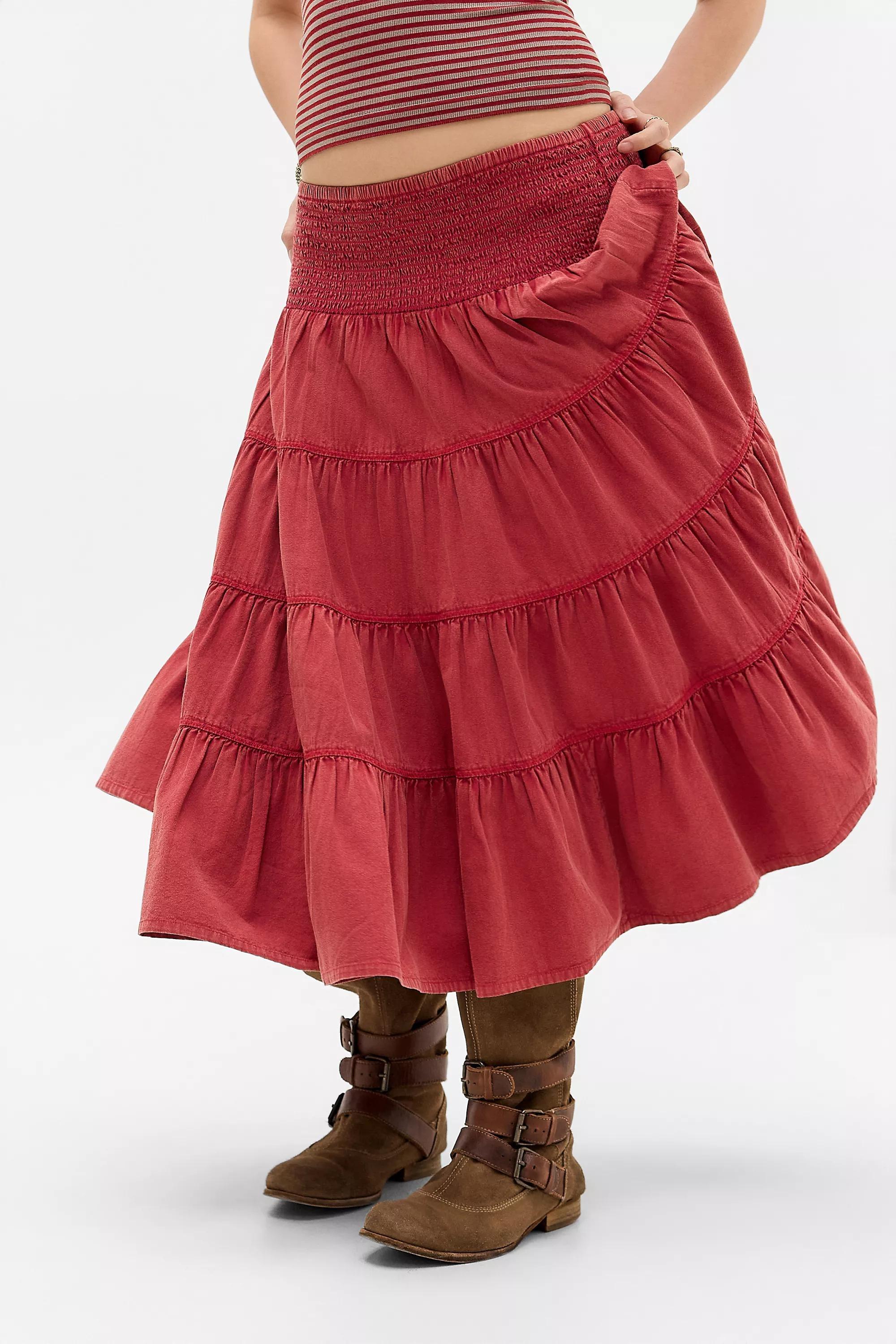 RED Kimchi Blue Bea Tiered Midi Skirt, RED, medium