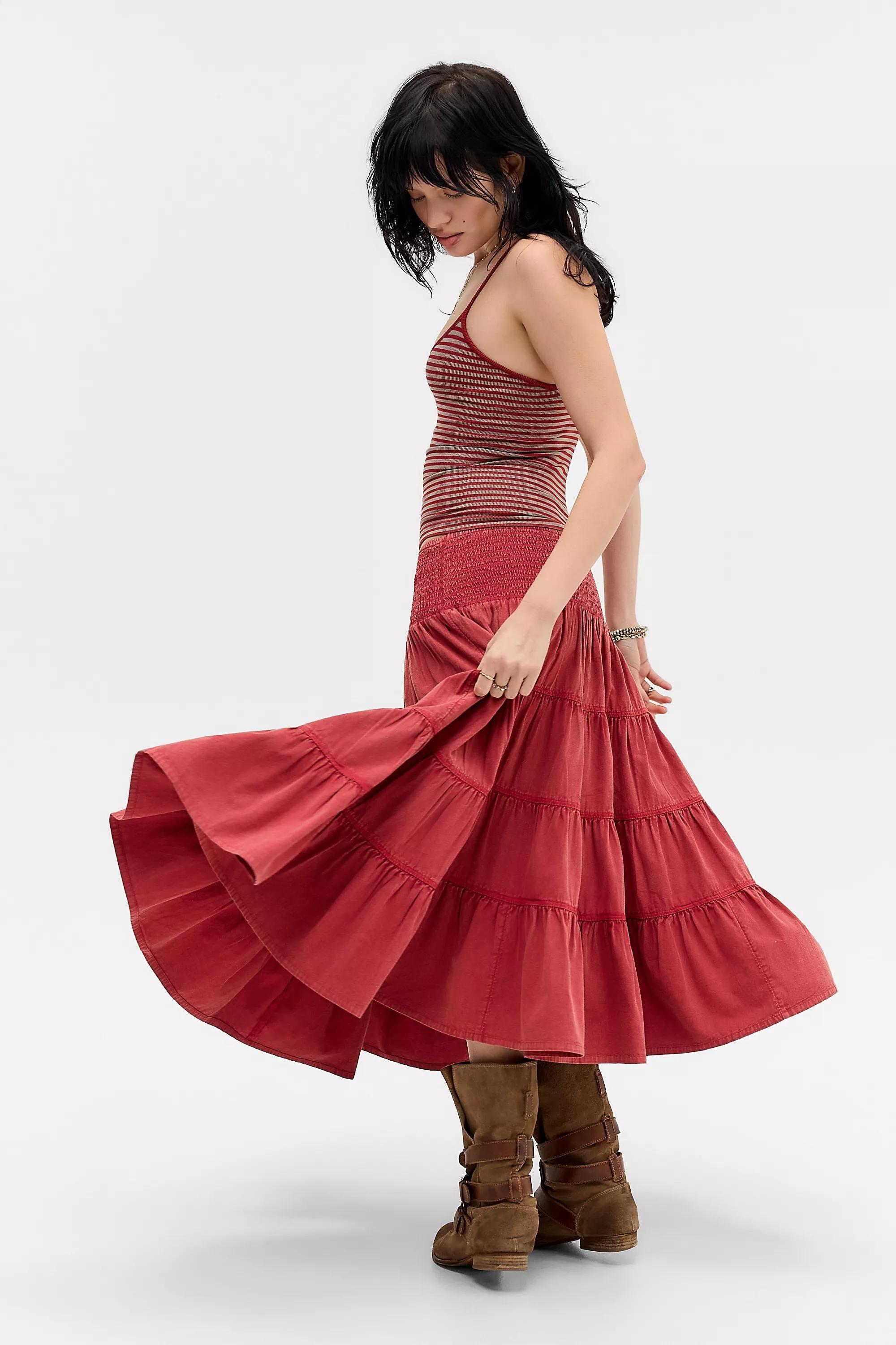 RED Kimchi Blue Bea Tiered Midi Skirt, RED, medium