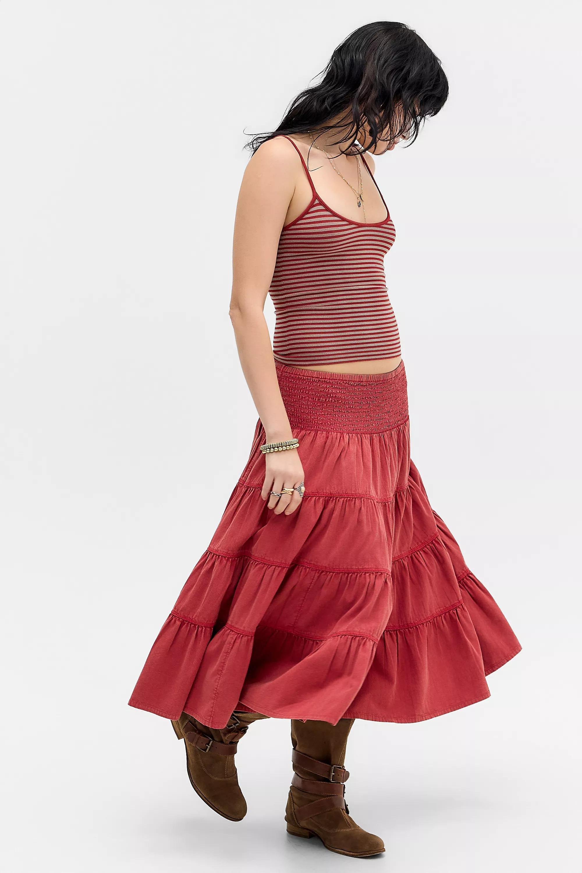 RED Kimchi Blue Bea Tiered Midi Skirt, RED, medium