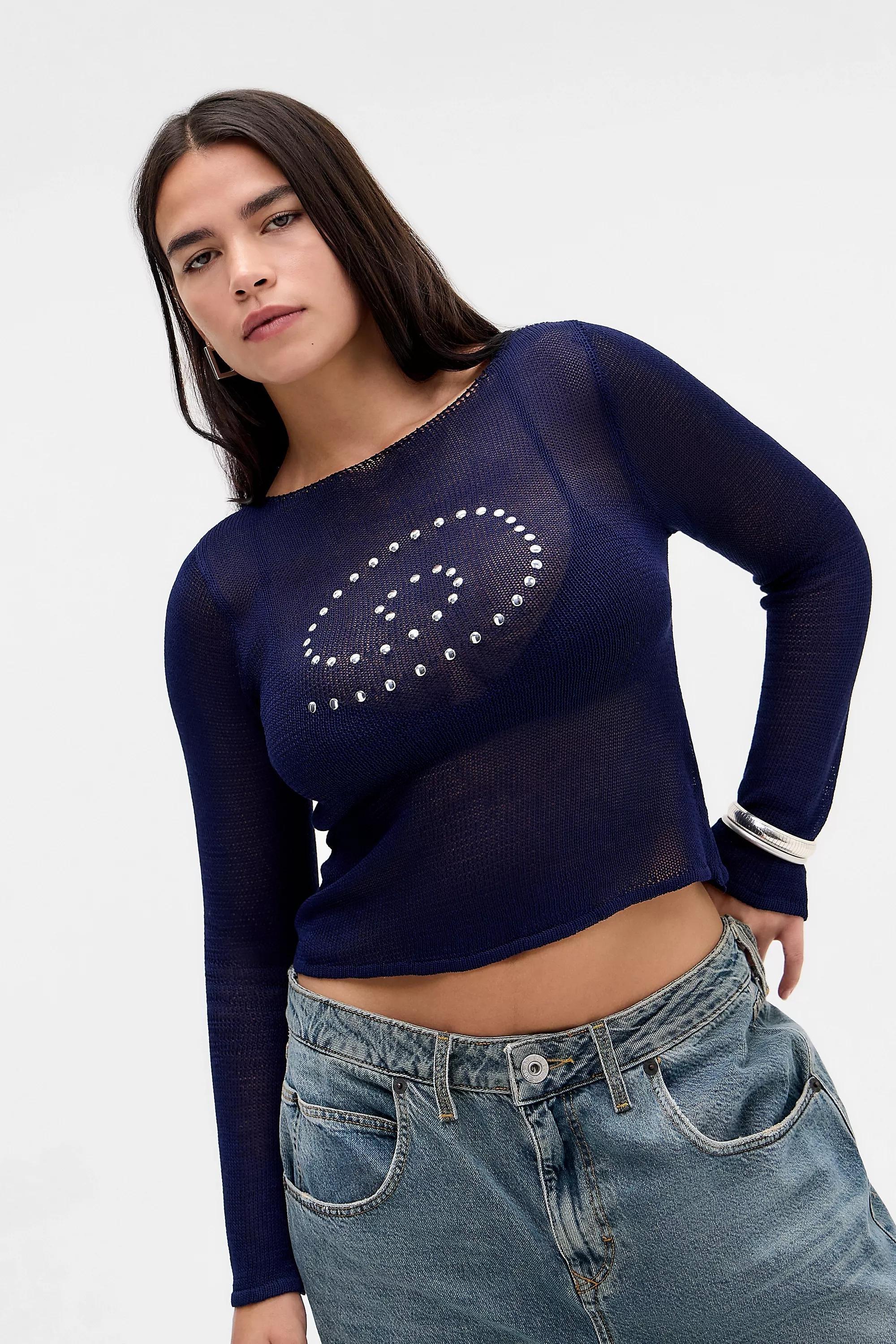 Navy Motel Armali Stud Long Sleeve Knit Top, NAVY, large image number 0