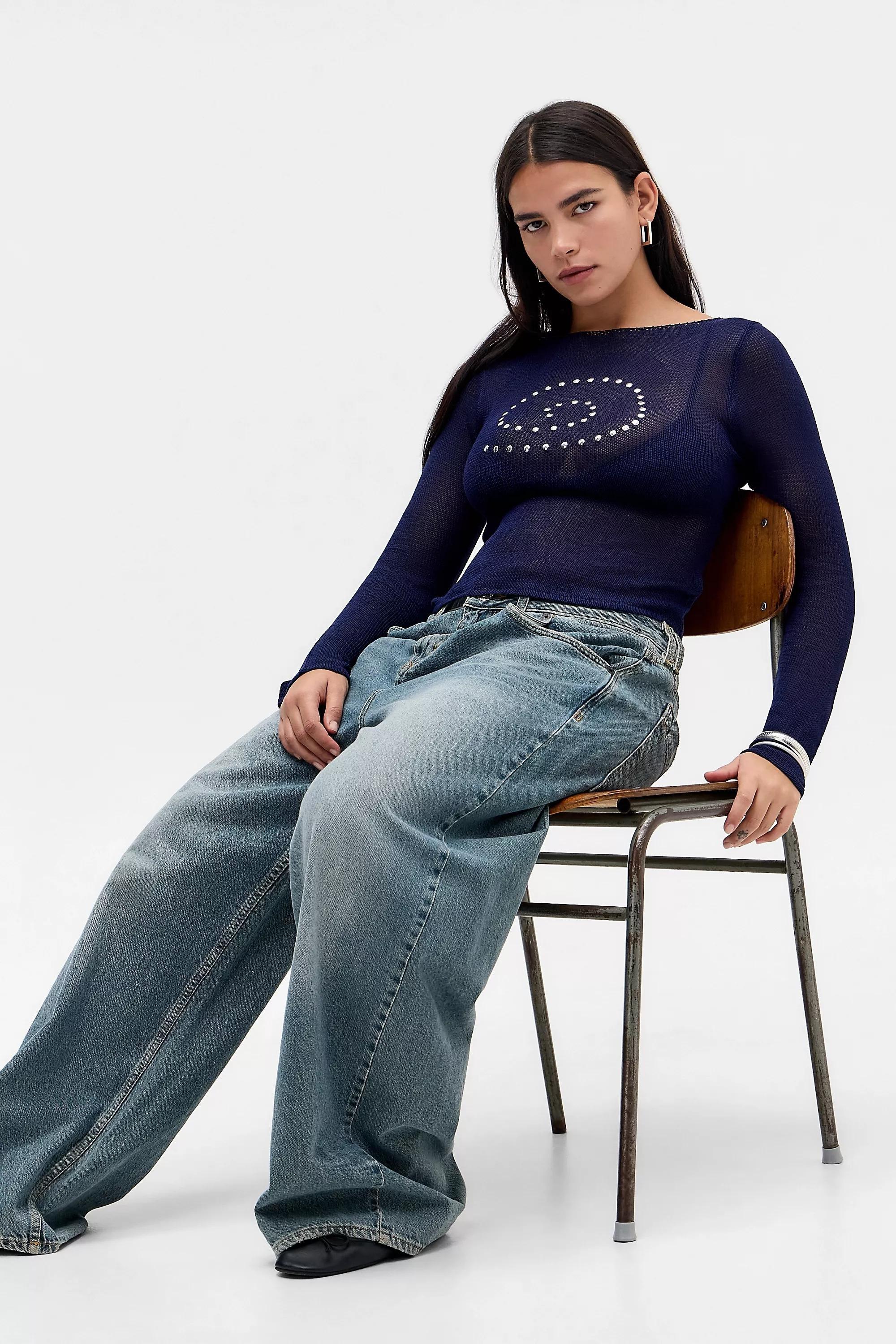 Navy Motel Armali Stud Long Sleeve Knit Top, NAVY, large image number 1