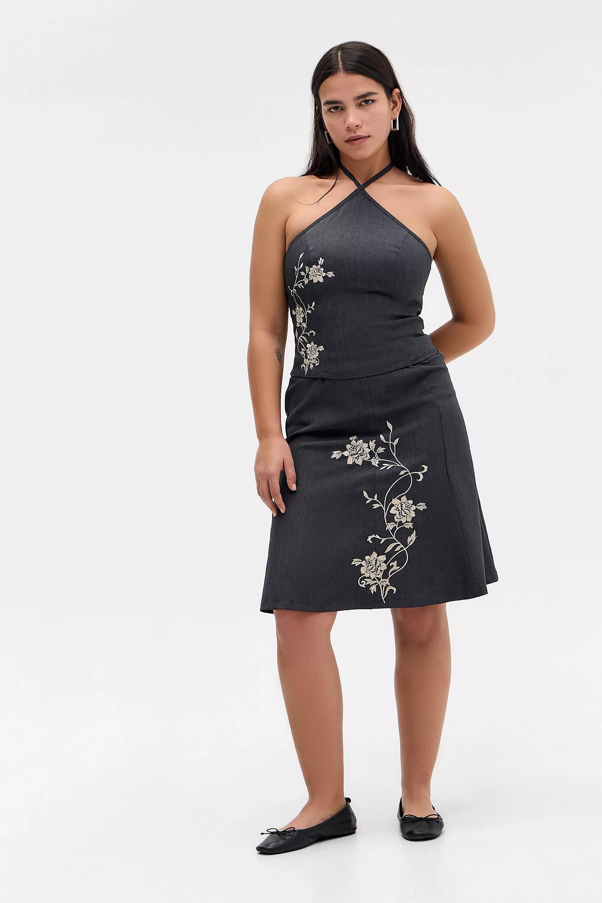 Grey Motel Novin Embroidered Halter Top, GREY, large image number 1