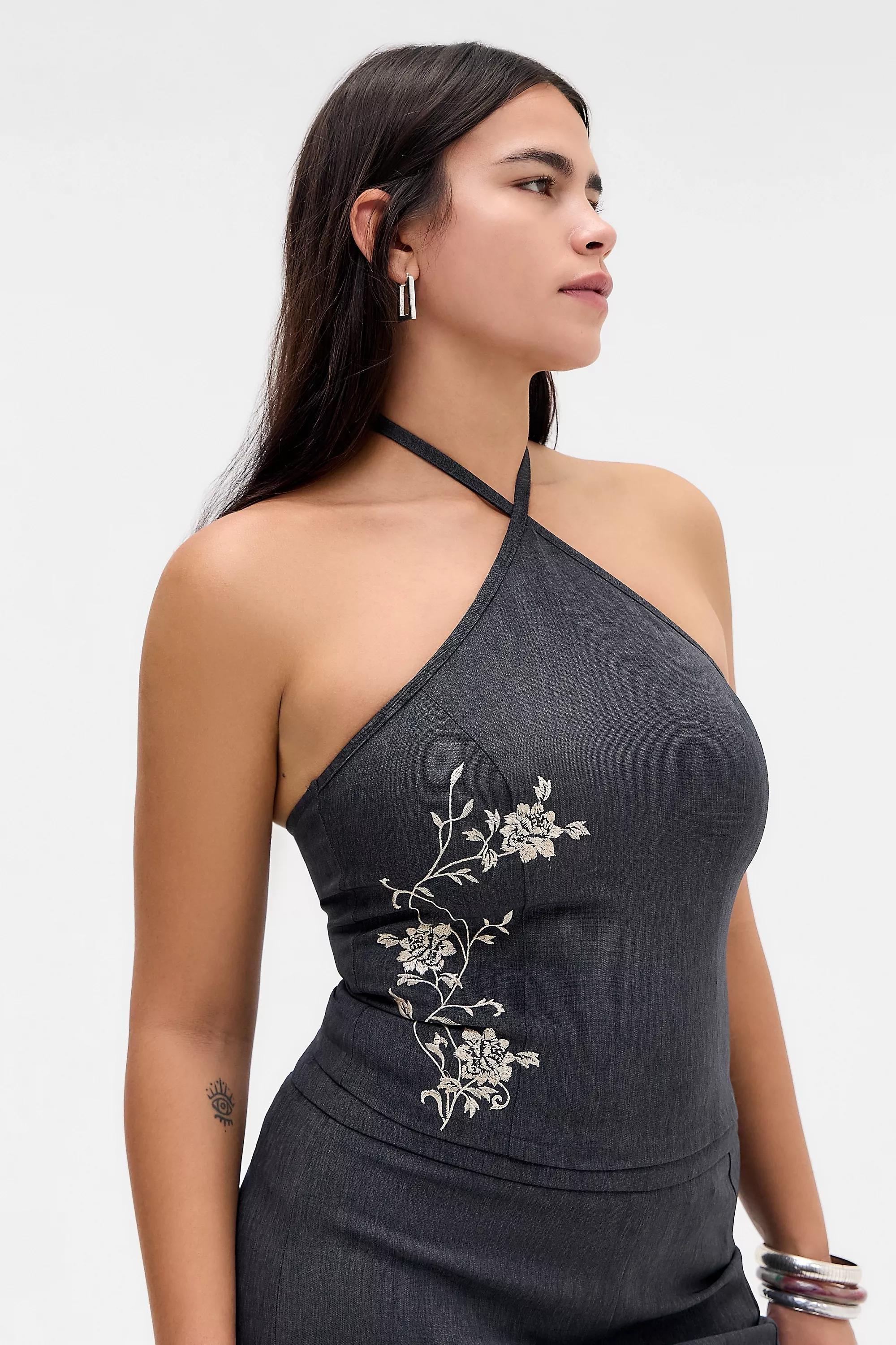 Grey Motel Novin Embroidered Halter Top, GREY, large image number 2