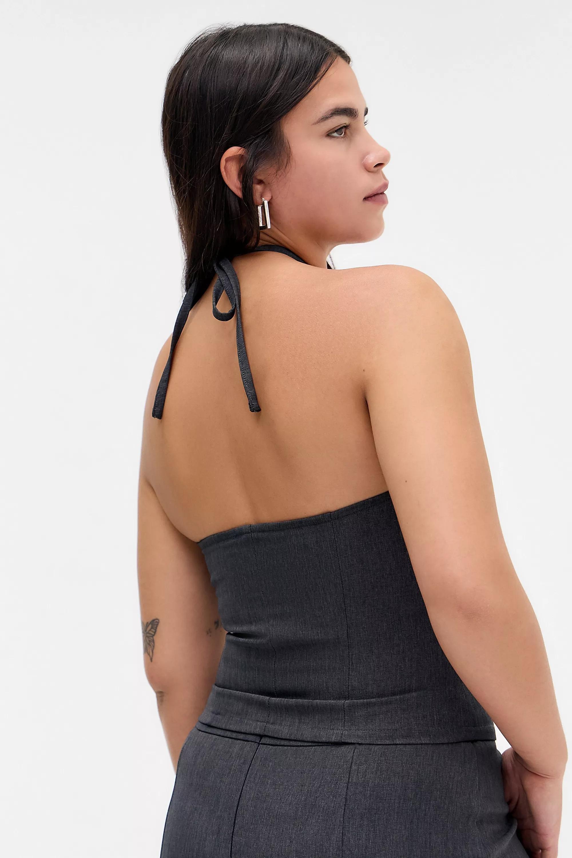 Grey Motel Novin Embroidered Halter Top, GREY, large image number 3