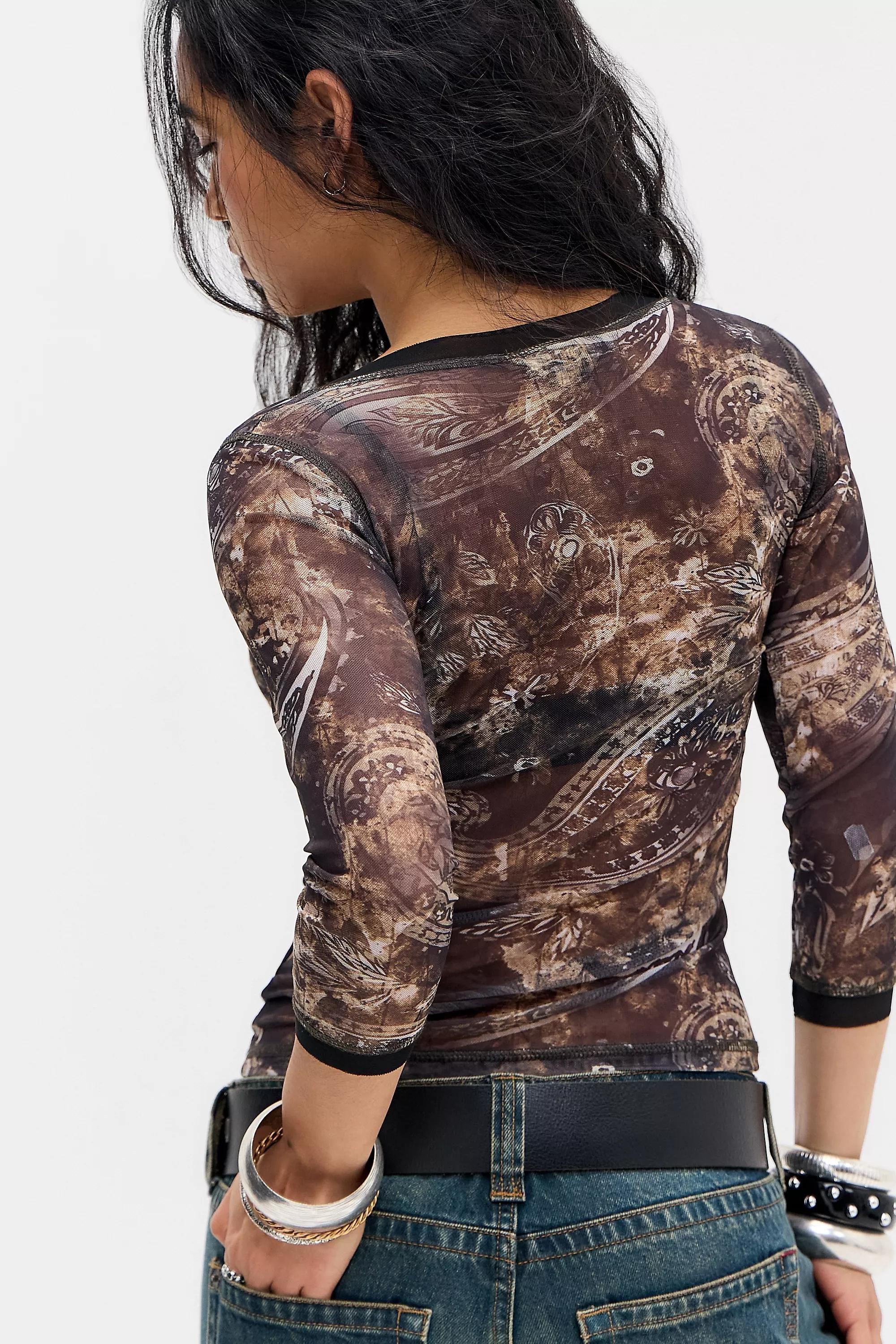 Black Kimchi Blue Eyelet 3/4 Sleeve Mesh Blouse, BLK, large image number 3