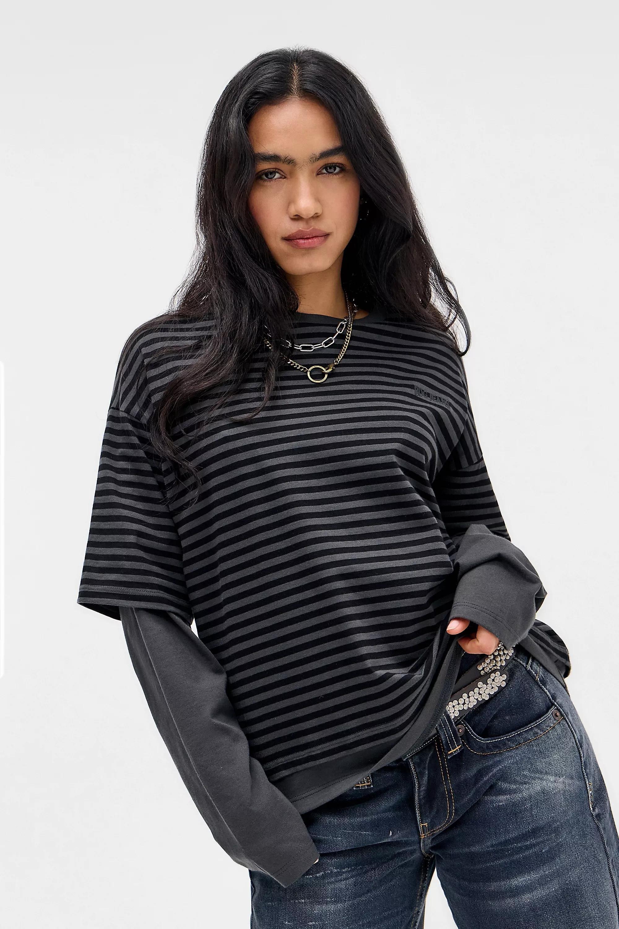 Black Uo Arlo Double Layer Long Sleeve T-Shirt, BLK MOTIF, large image number 0