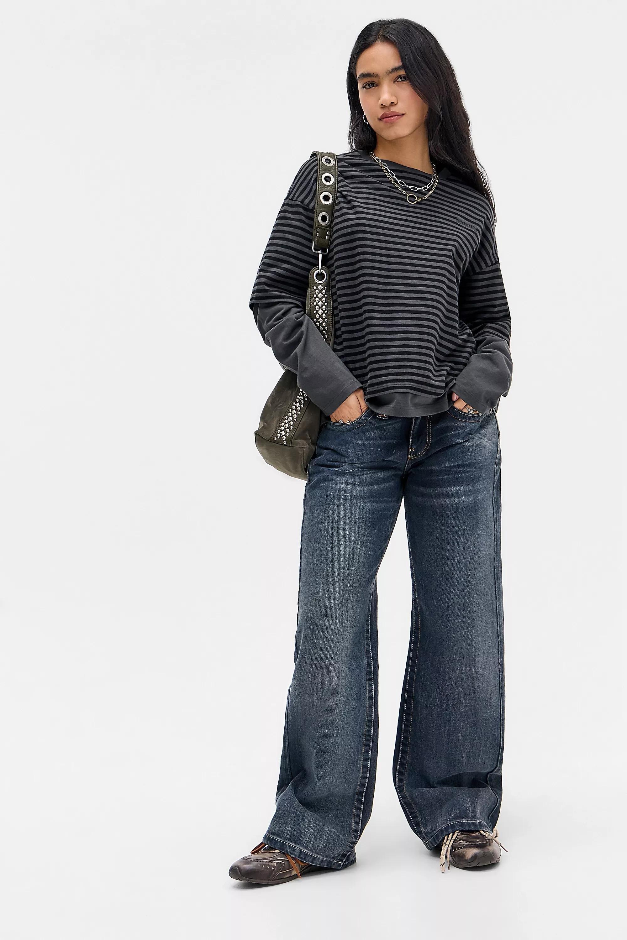 Black Uo Arlo Double Layer Long Sleeve T-Shirt, BLK MOTIF, large image number 1