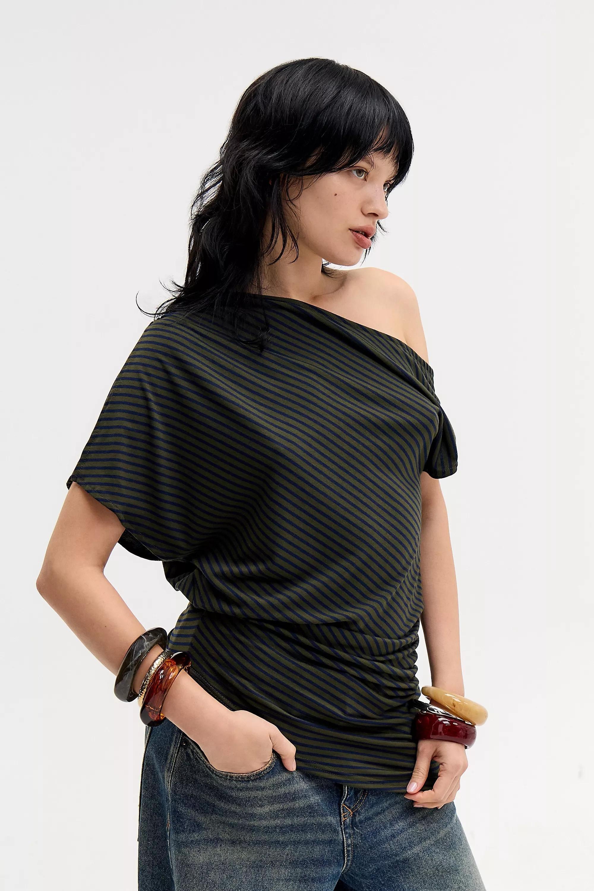 Khaki Silence + Noise Willow Off-Shoulder Top, KHAKI, large image number 2