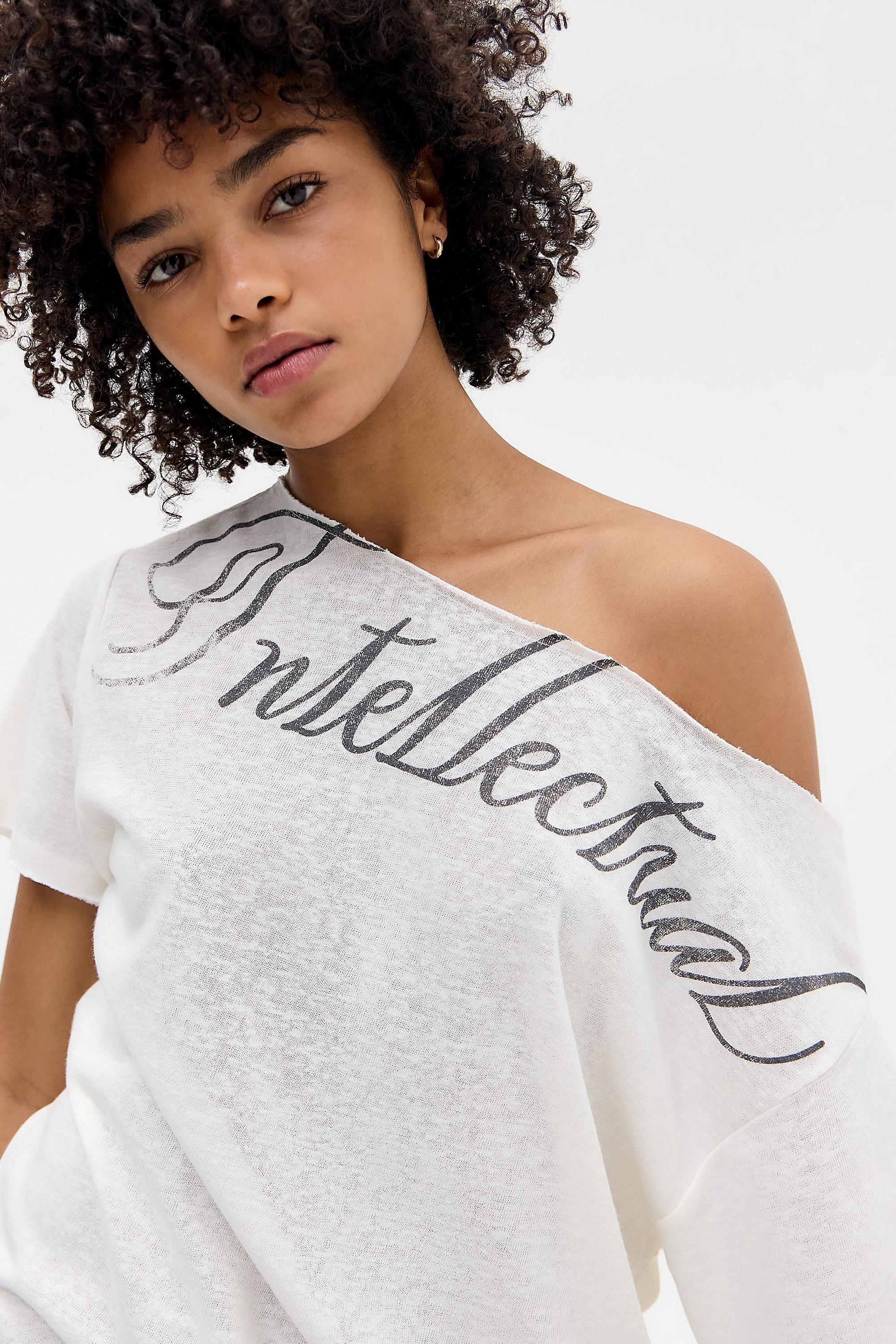 White Uo Intellectual Slub Off The Shoulder T-Shirt, WHT, large image number 1