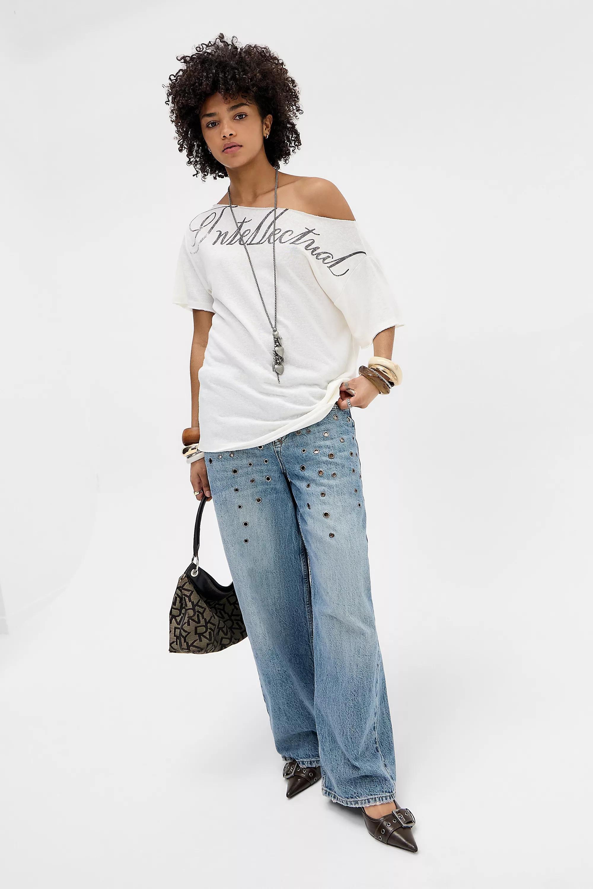 White Uo Intellectual Slub Off The Shoulder T-Shirt, WHT, large image number 3