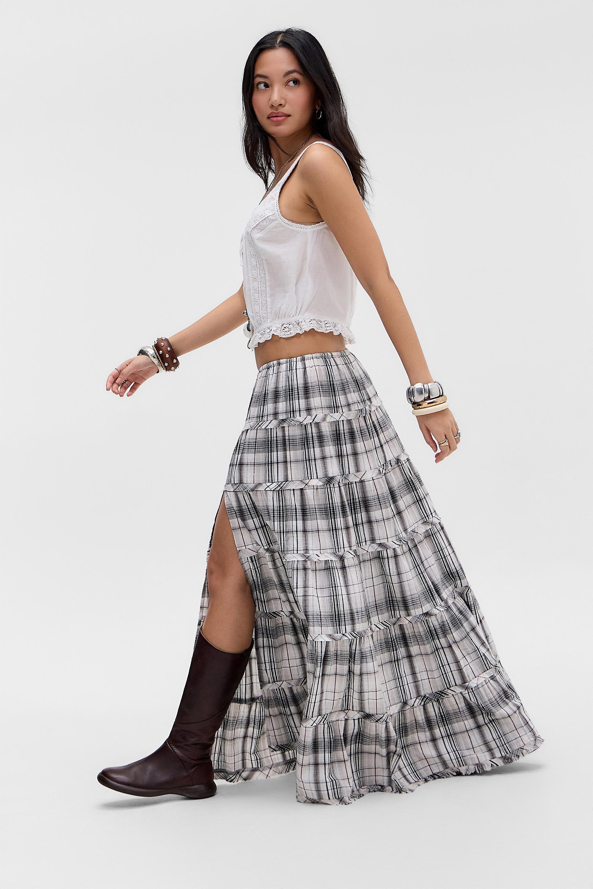 Grey Uo Sadie Check Prairie Maxi Skirt, GR MOTIF, medium