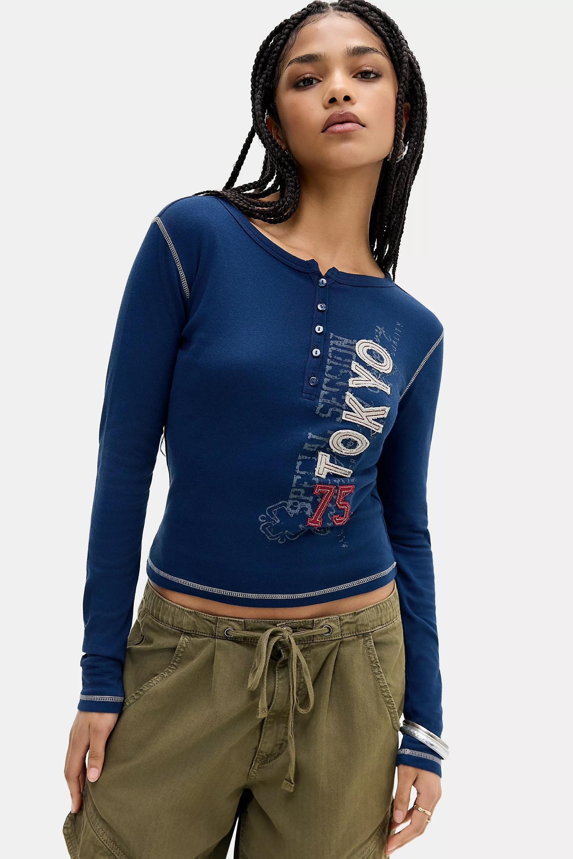 Navy Bdg Tokyo Applique Henley T-Shirt, NAVY, large image number 0