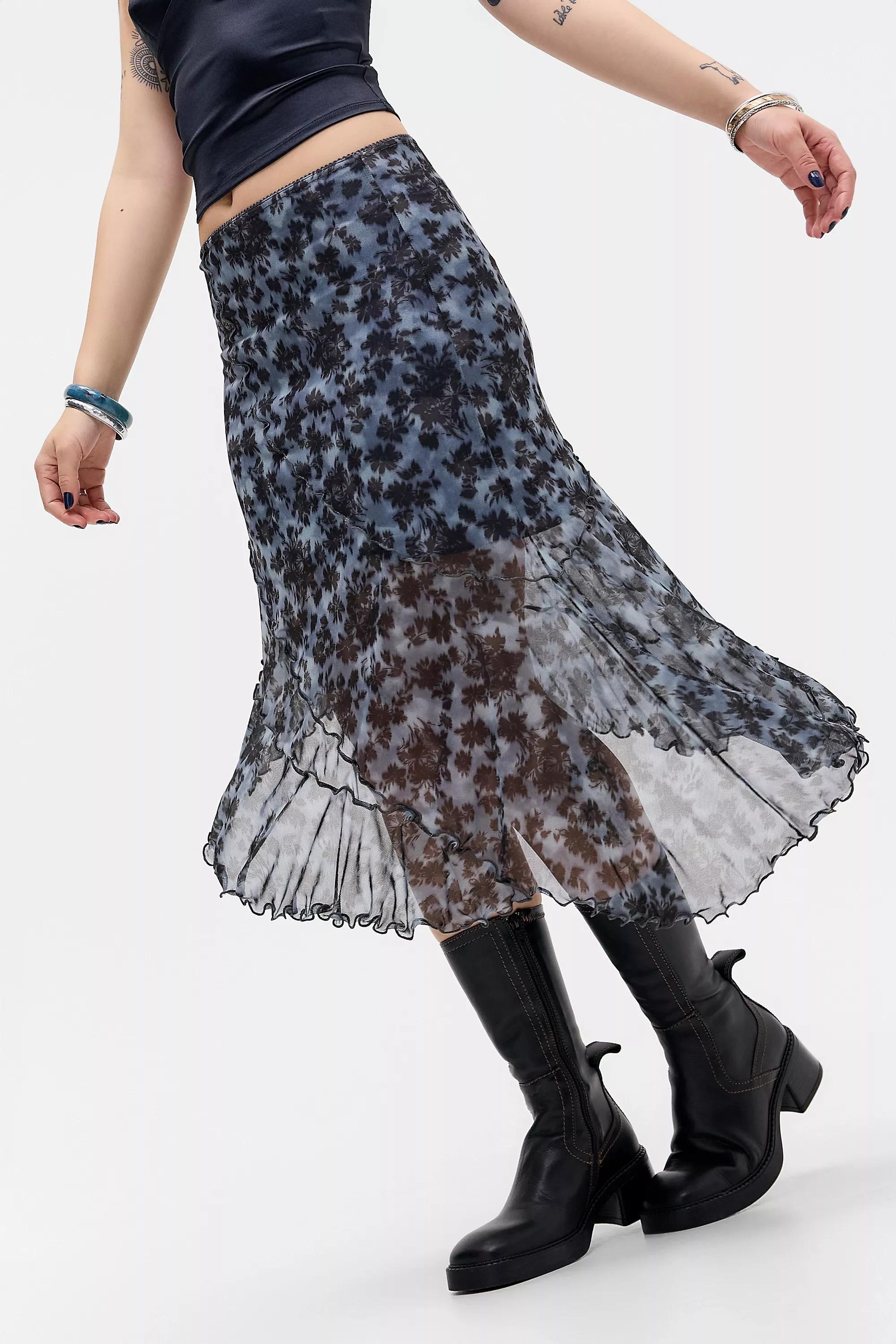 Blue Pattern Uo Asymmetric Mesh Midi Skirt, BL MOTIF, large image number 1