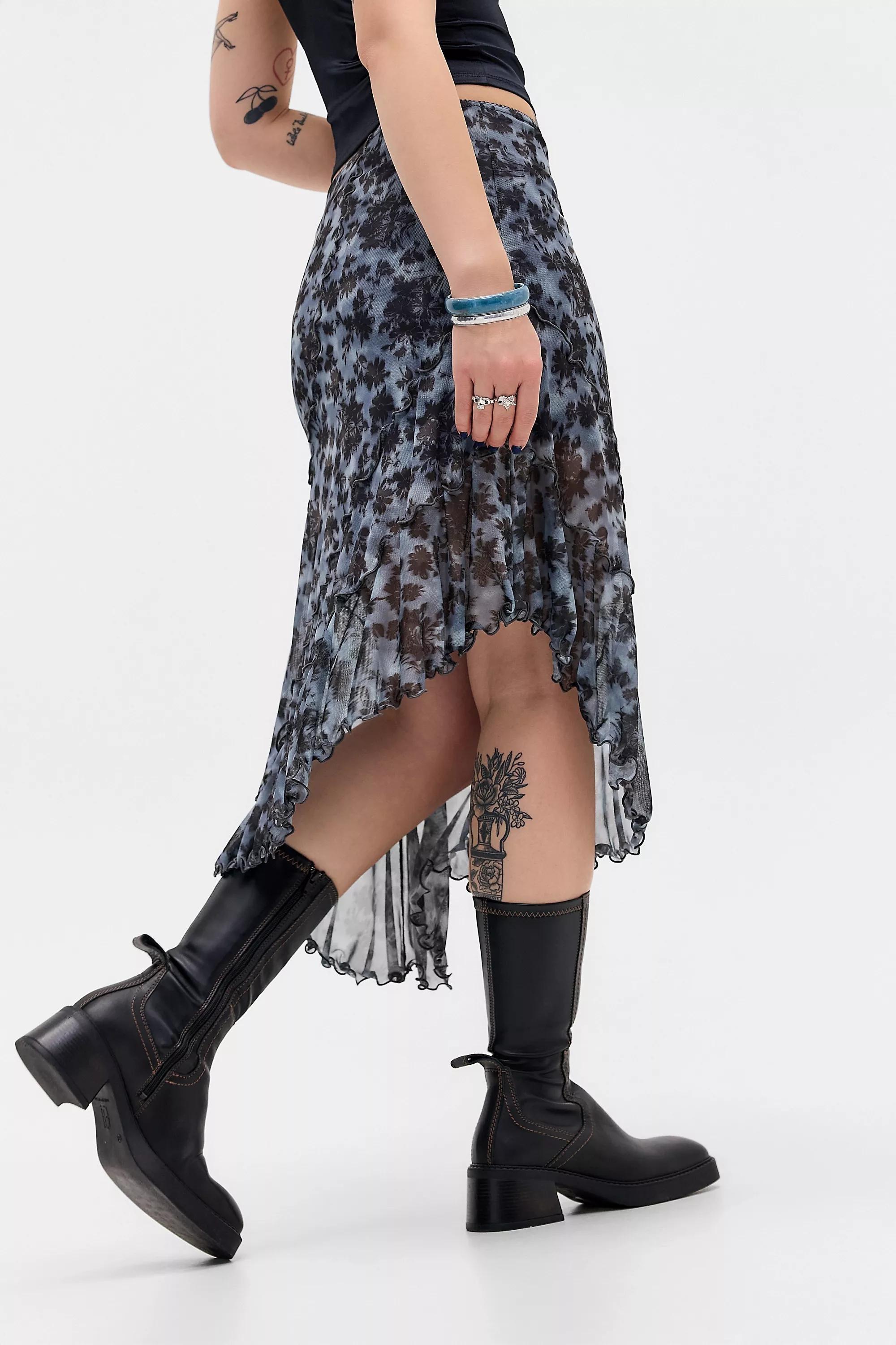 Blue Pattern Uo Asymmetric Mesh Midi Skirt, BL MOTIF, large image number 2