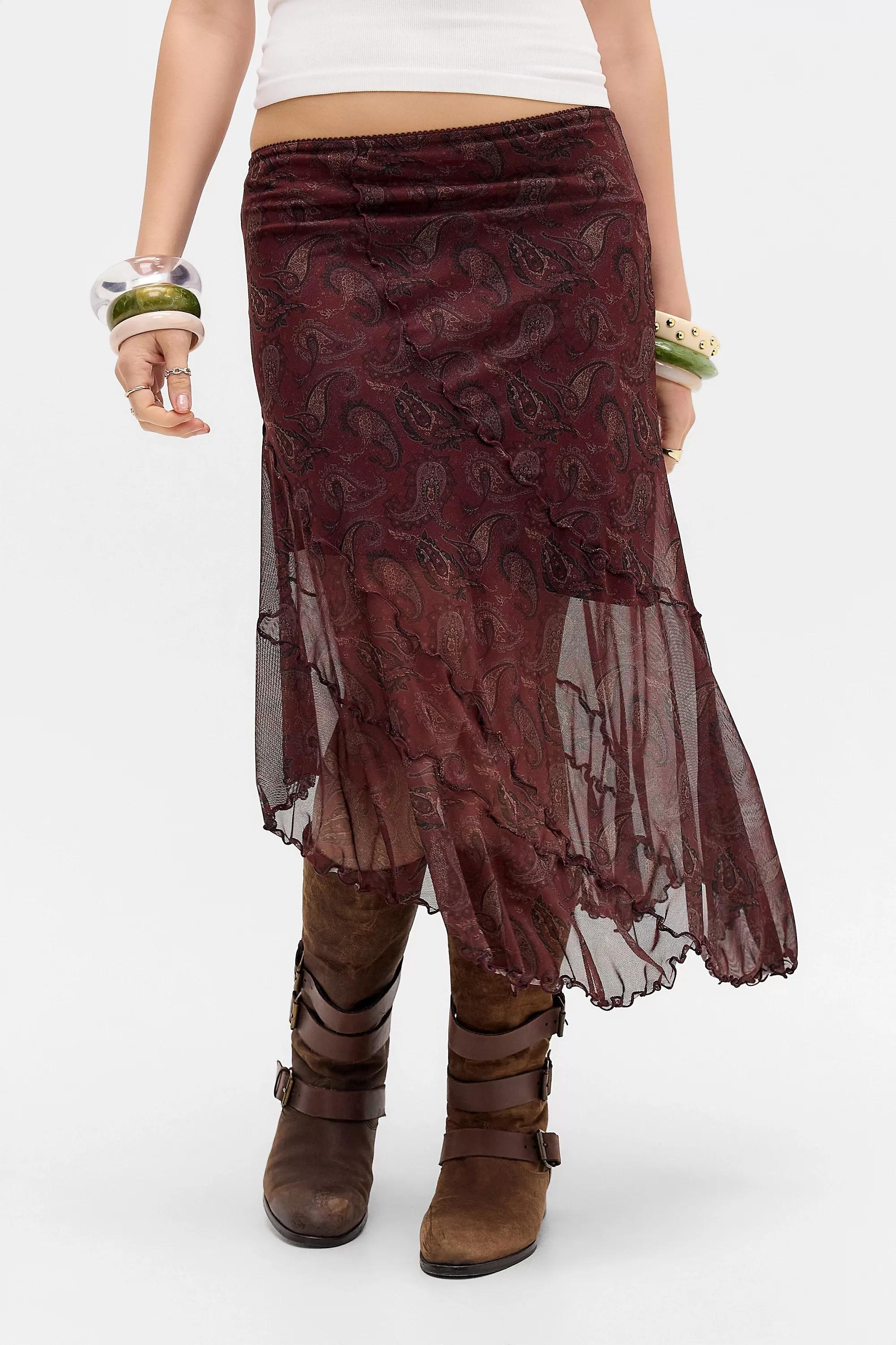 Red Uo Asymmetric Mesh Midi Skirt, RD, large image number 0