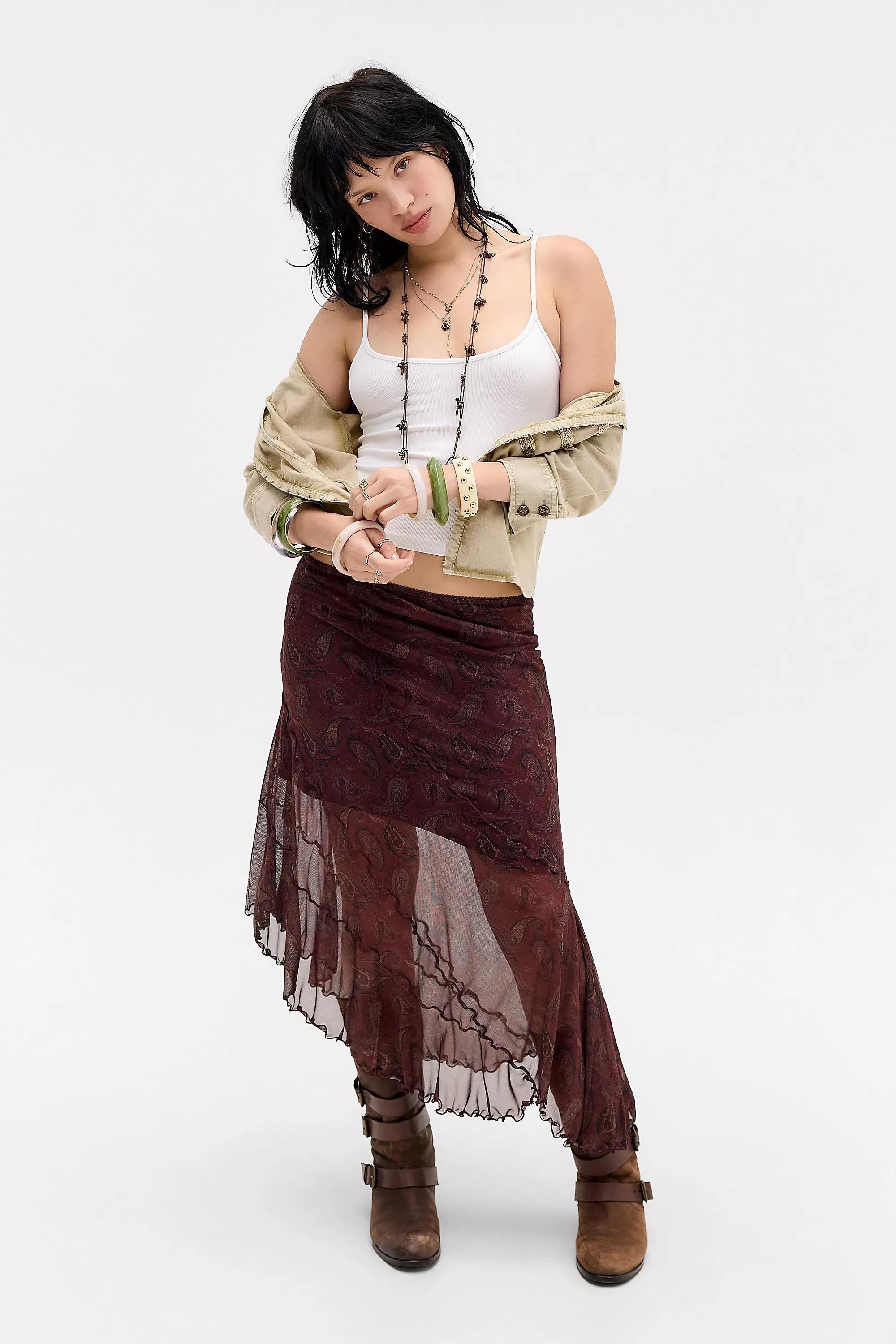 Red Uo Asymmetric Mesh Midi Skirt, RD, large image number 1