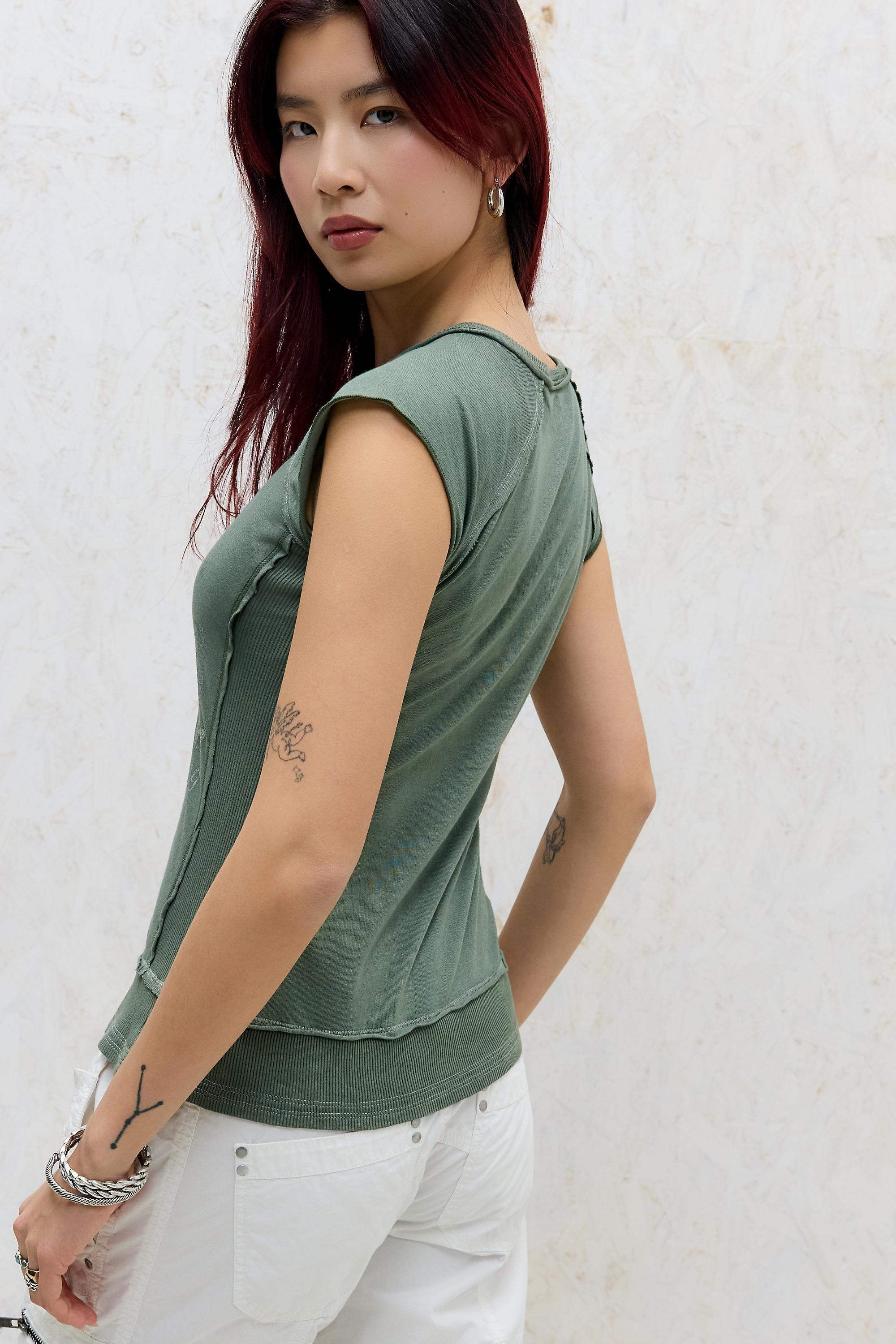 Khaki Bdg Stamp Henley Short Sleeve Top, KHAKI, large image number 3