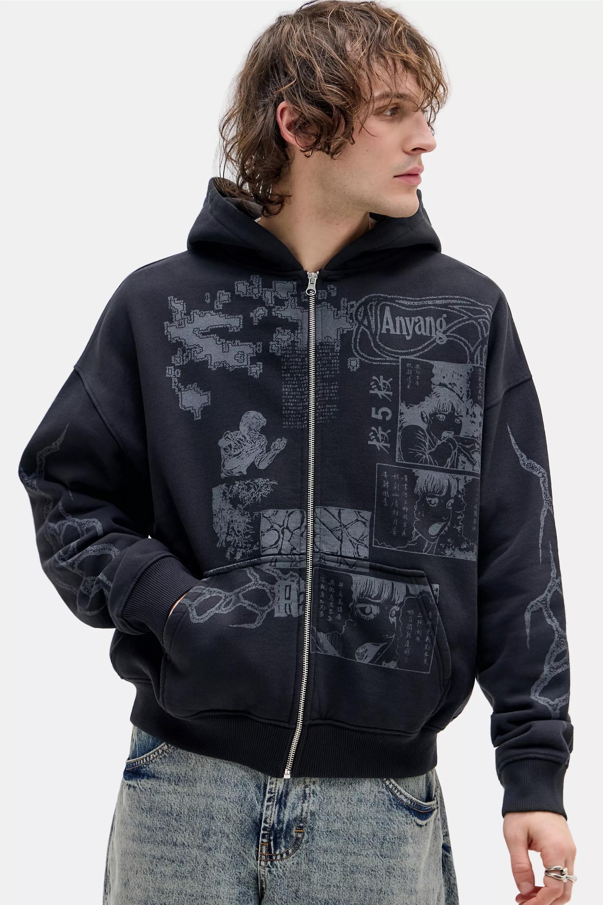 Black Uo Black Asiatic Zip-Through Hoodie, BLK, medium