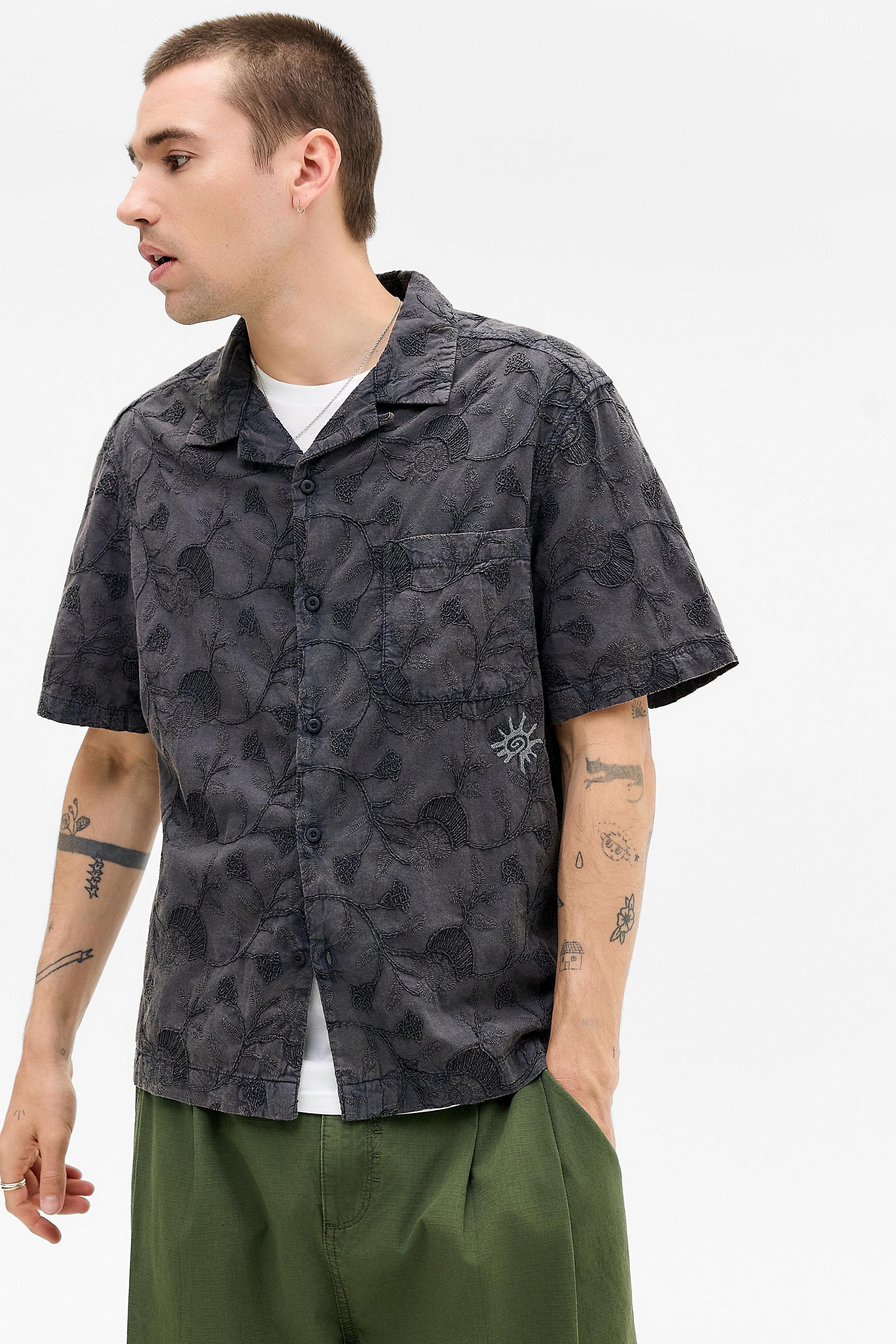 Black Ayker Black Acid Wash Embroidered Shirt, BLK, medium