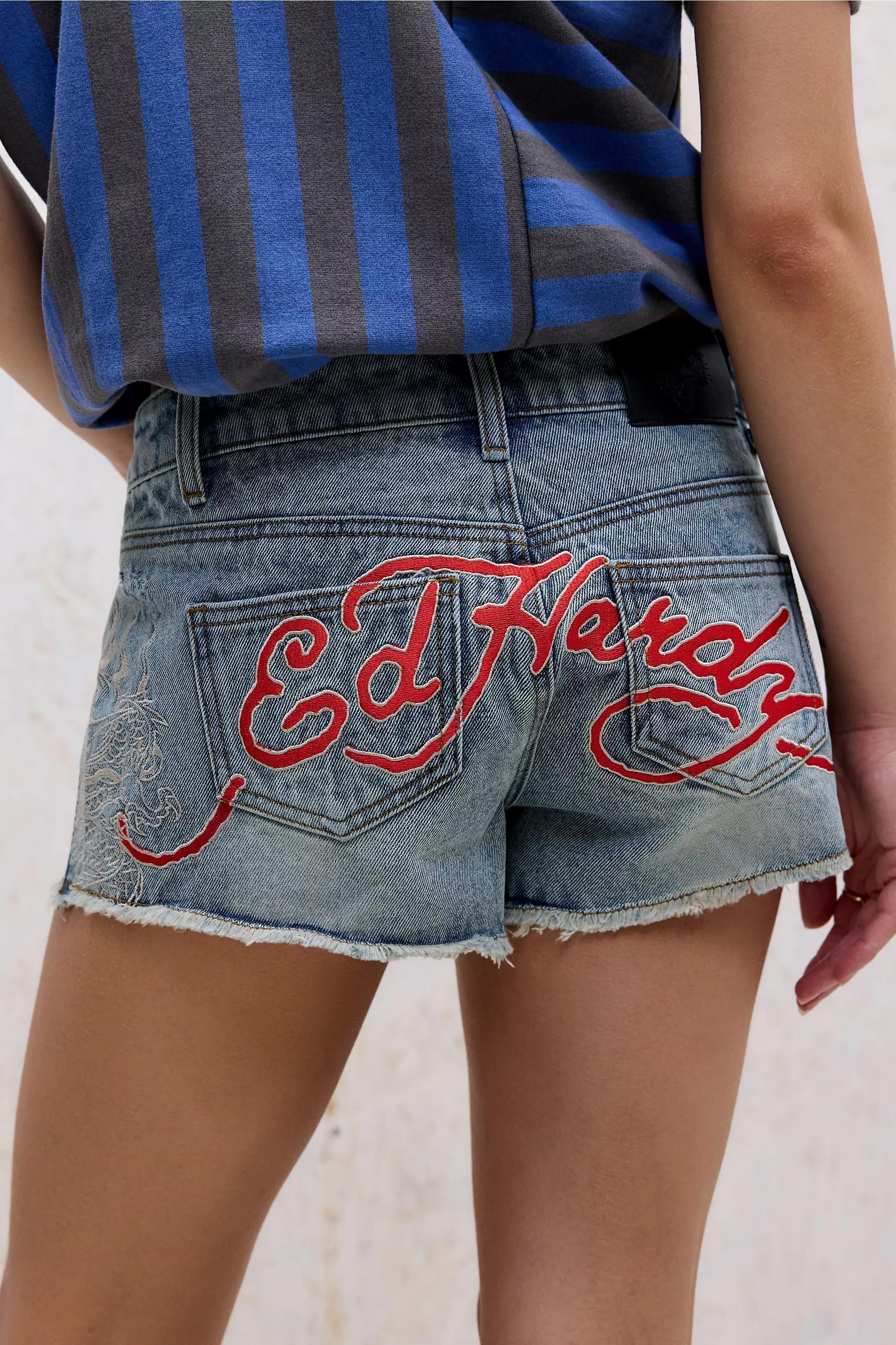 Blue Ed Hardy Uo Tiger Embroidered Denim Shorts, BLUE, large image number 3