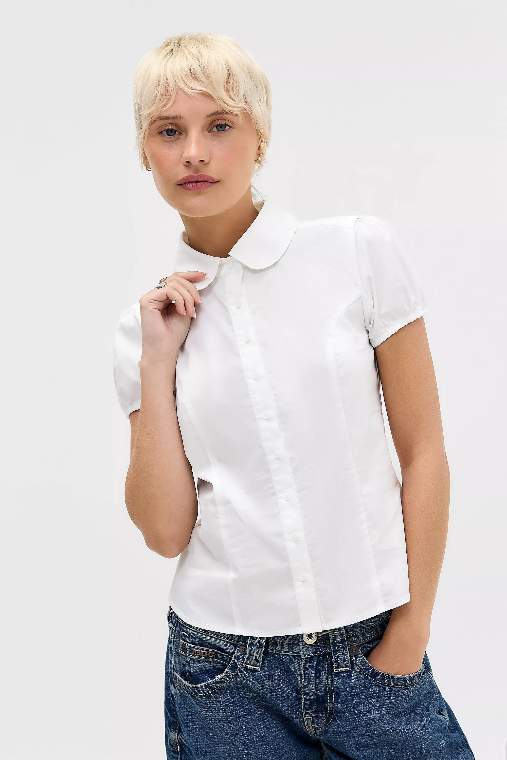 WHITE Kimchi Blue Clover Round Collar Shirt, WHT, medium