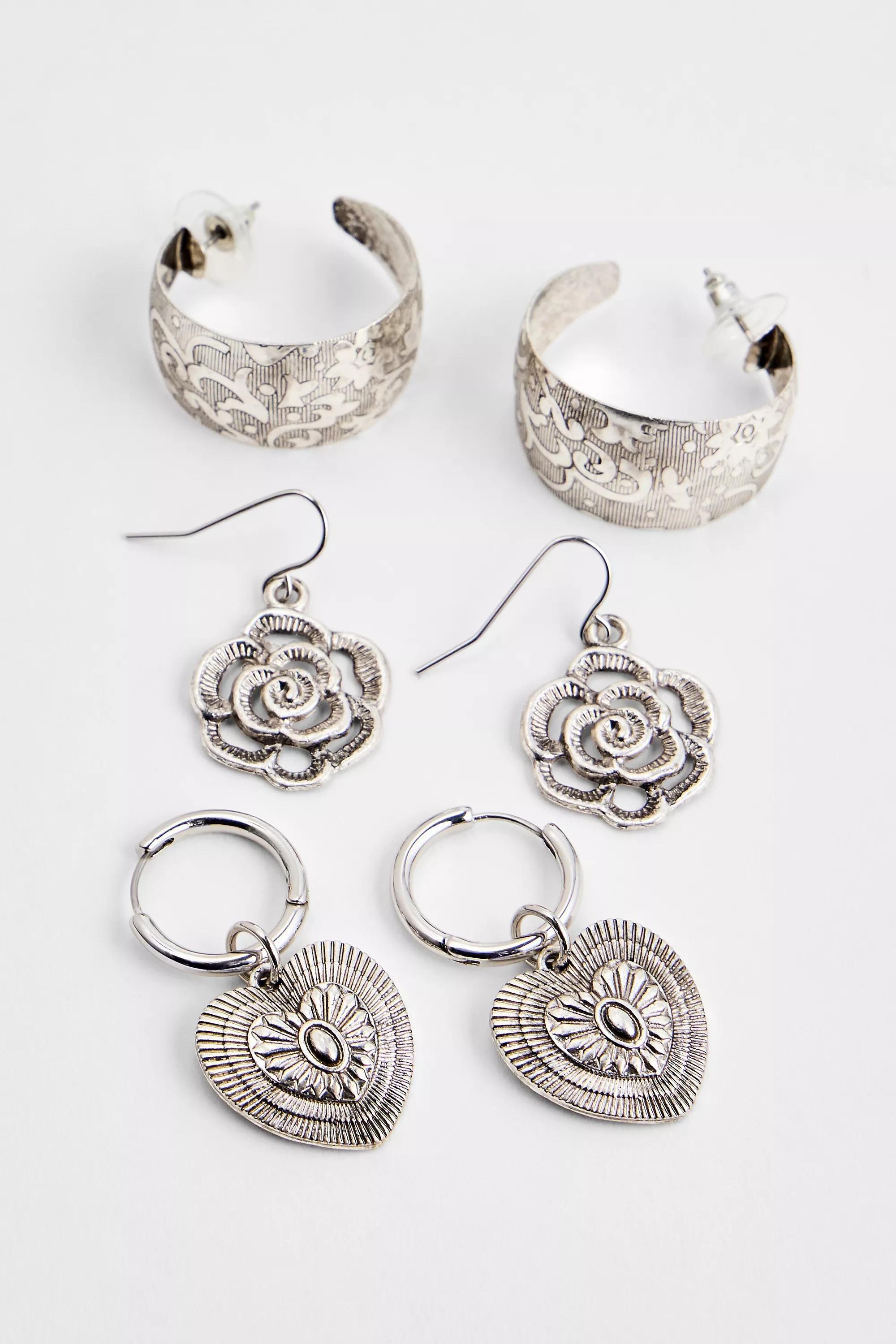 Silver Silence + Noise Etched Rose Earrings Set Of 3, SLVR, large image number 0
